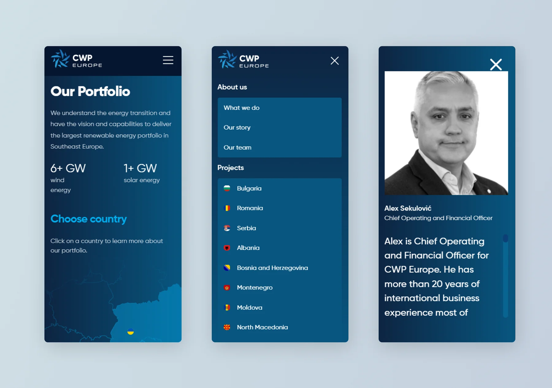 Three CWP Europe mobile screens: the Our Portfolio page with a country map, the open menu listing project countries, and a team member bio