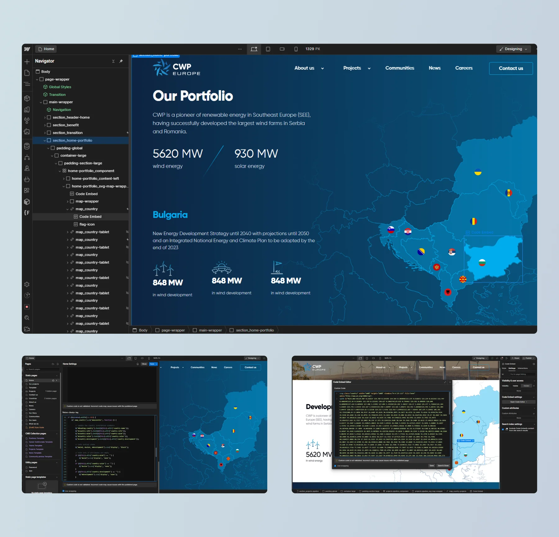 CWP Europe portfolio section in the Webflow Designer, with the Navigator open beside the interactive Southeast Europe country map and its custom code