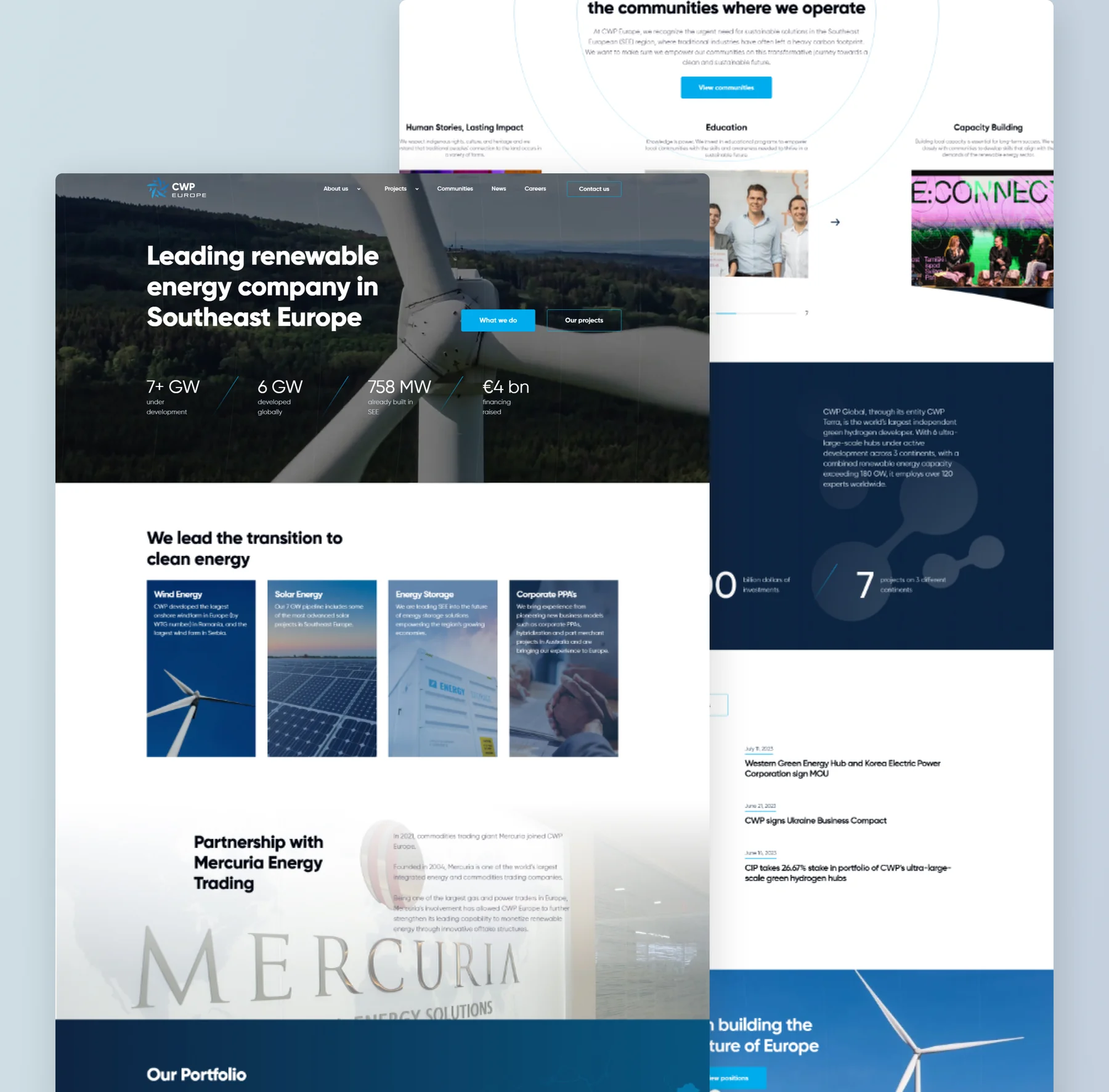CWP Europe homepage with the headline Leading renewable energy company in Southeast Europe over a wind turbine, beside the communities, hydrogen and news sections