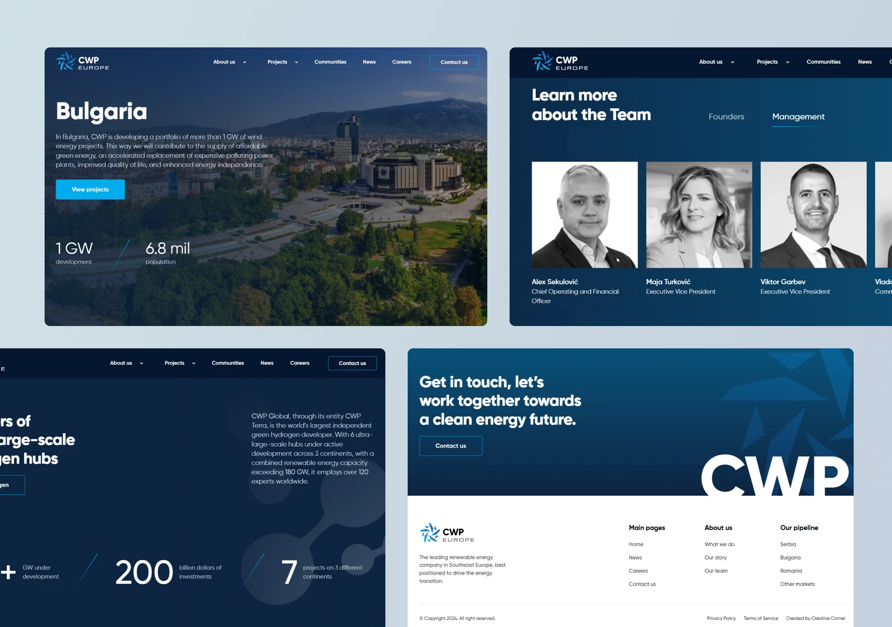 CWP Europe page designs for the Bulgaria country page, the management team, the CWP Global hydrogen hubs section and the contact banner above the footer