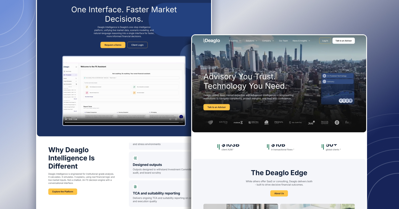 Deaglo homepage hero, Advisory You Trust. Technology You Need., in front of the Deaglo Intelligence page and its FX Assistant