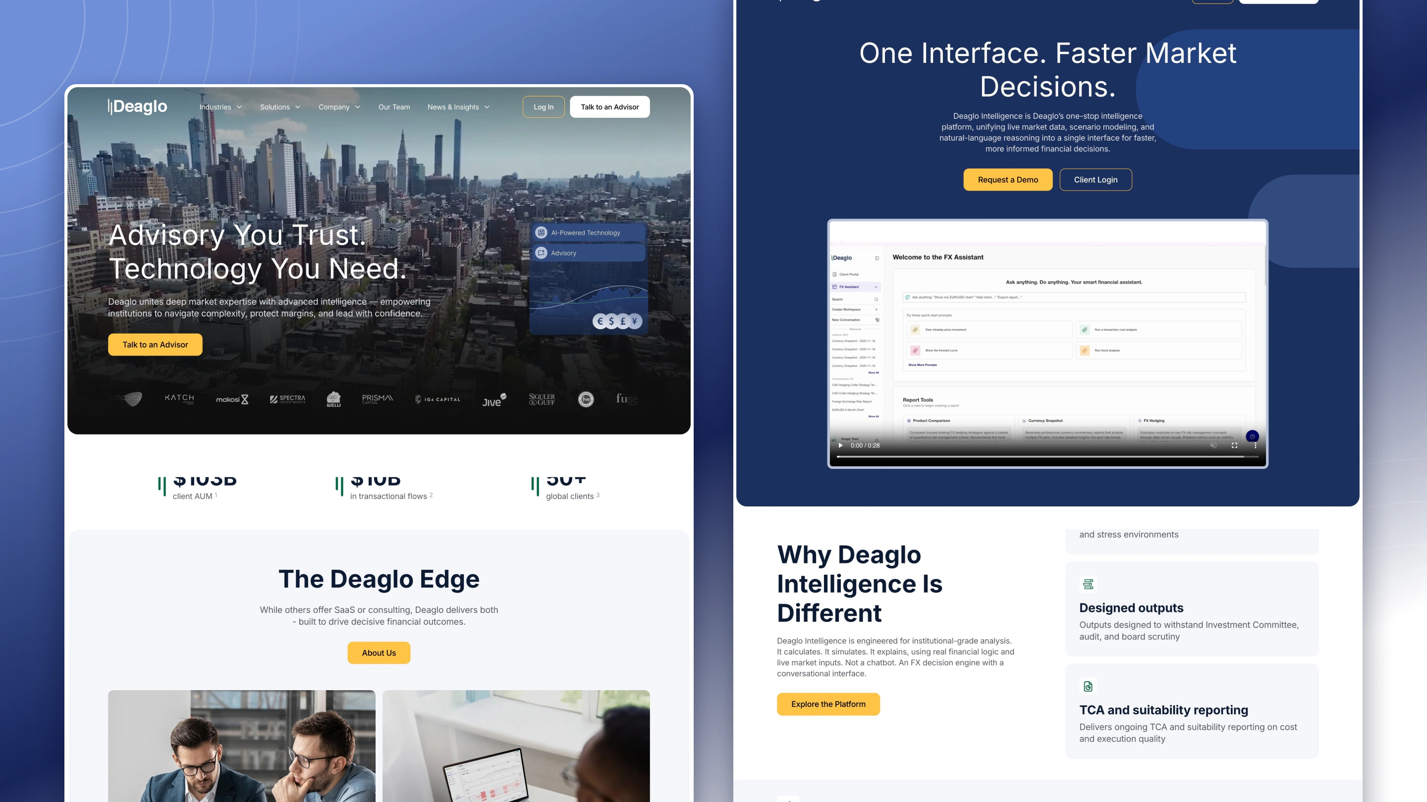 Deaglo homepage with the Advisory You Trust hero, client logos and The Deaglo Edge, beside the Deaglo Intelligence page with its FX Assistant demo