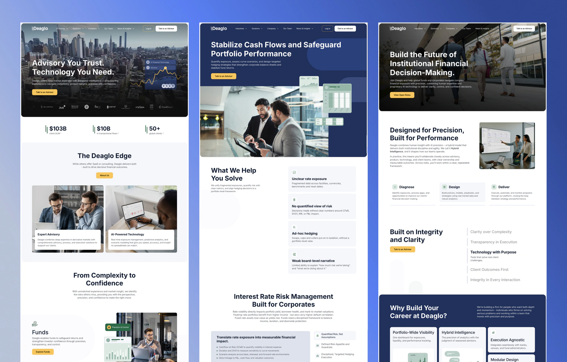 Three Deaglo page designs: the homepage, the Interest Rates page for corporates, and the careers page