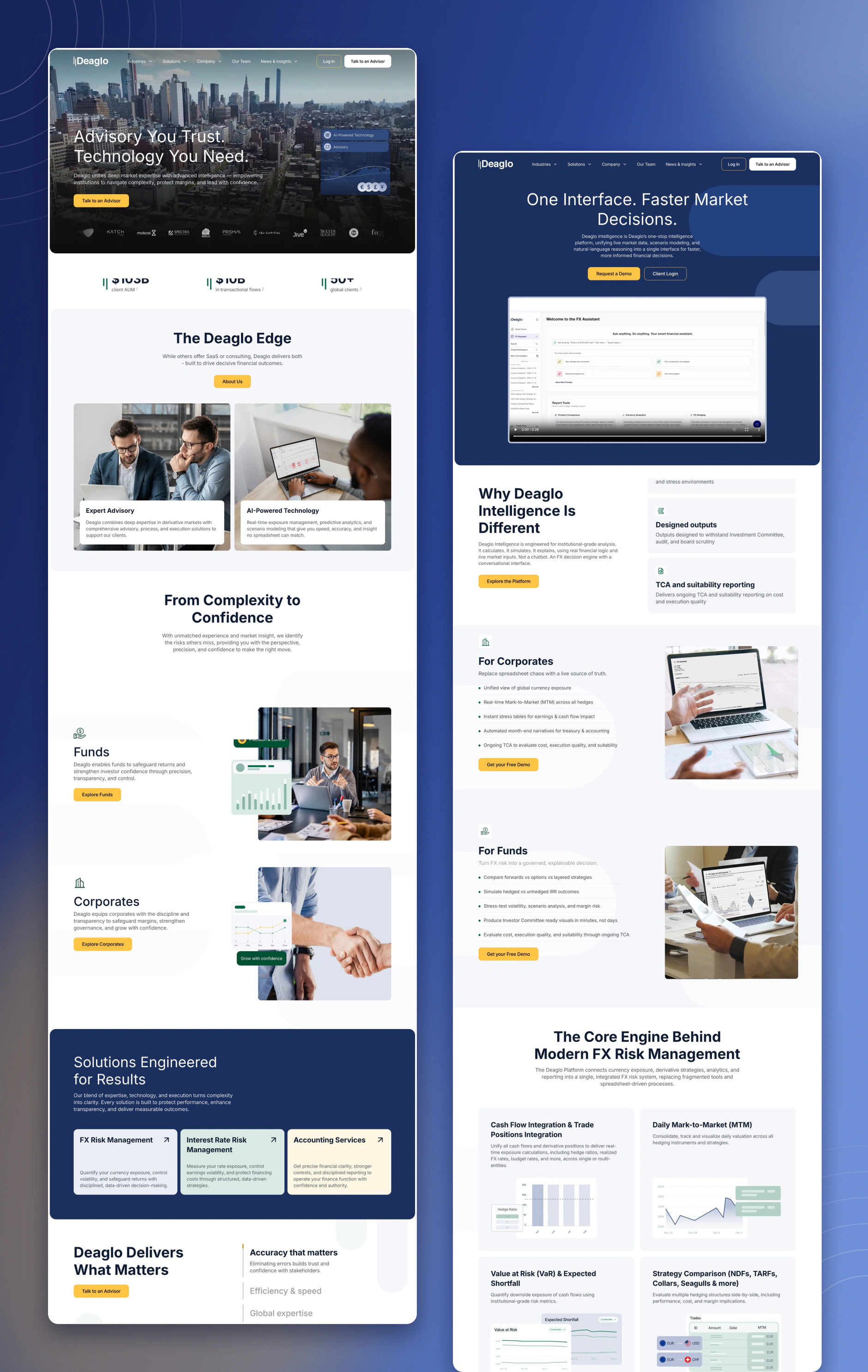 Full-length Deaglo homepage and Deaglo Intelligence page designs, from the Advisory You Trust hero through The Deaglo Edge, Solutions and the FX risk engine sections