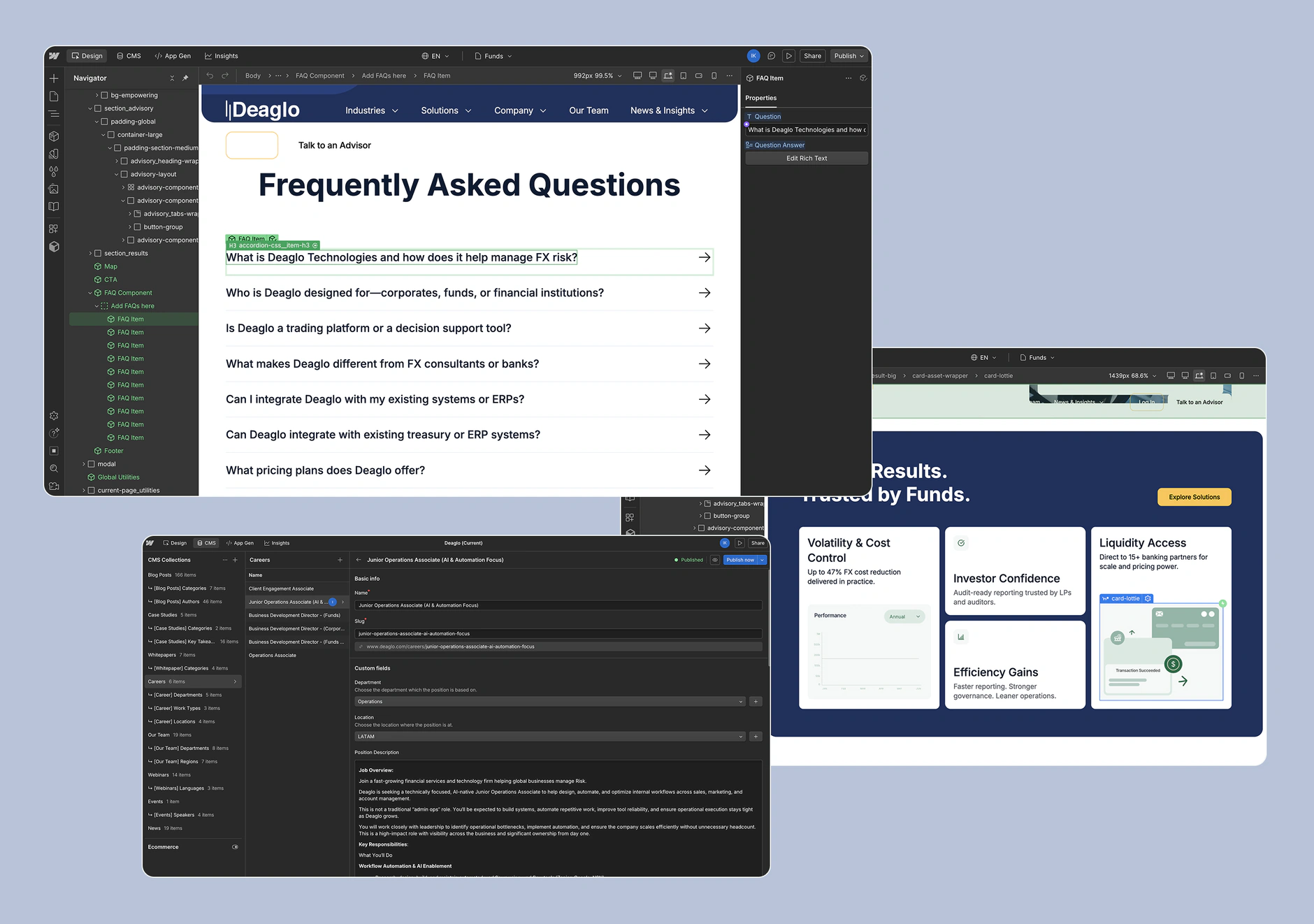 The Deaglo build in Webflow: the FAQ component in the Designer, the Careers CMS collection, and the Proven Results section on the Funds page