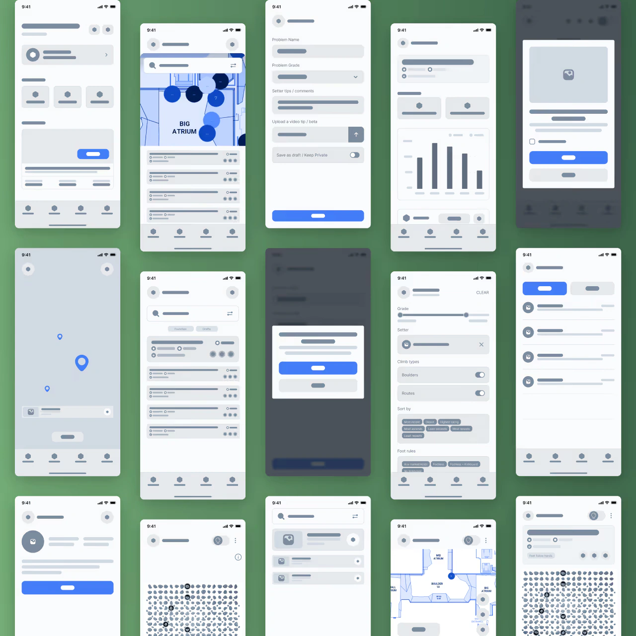 Collection of low-fidelity mobile wireframes for a climbing gym app showing map screens, route lists, filters, forms, modals, and navigation flows.