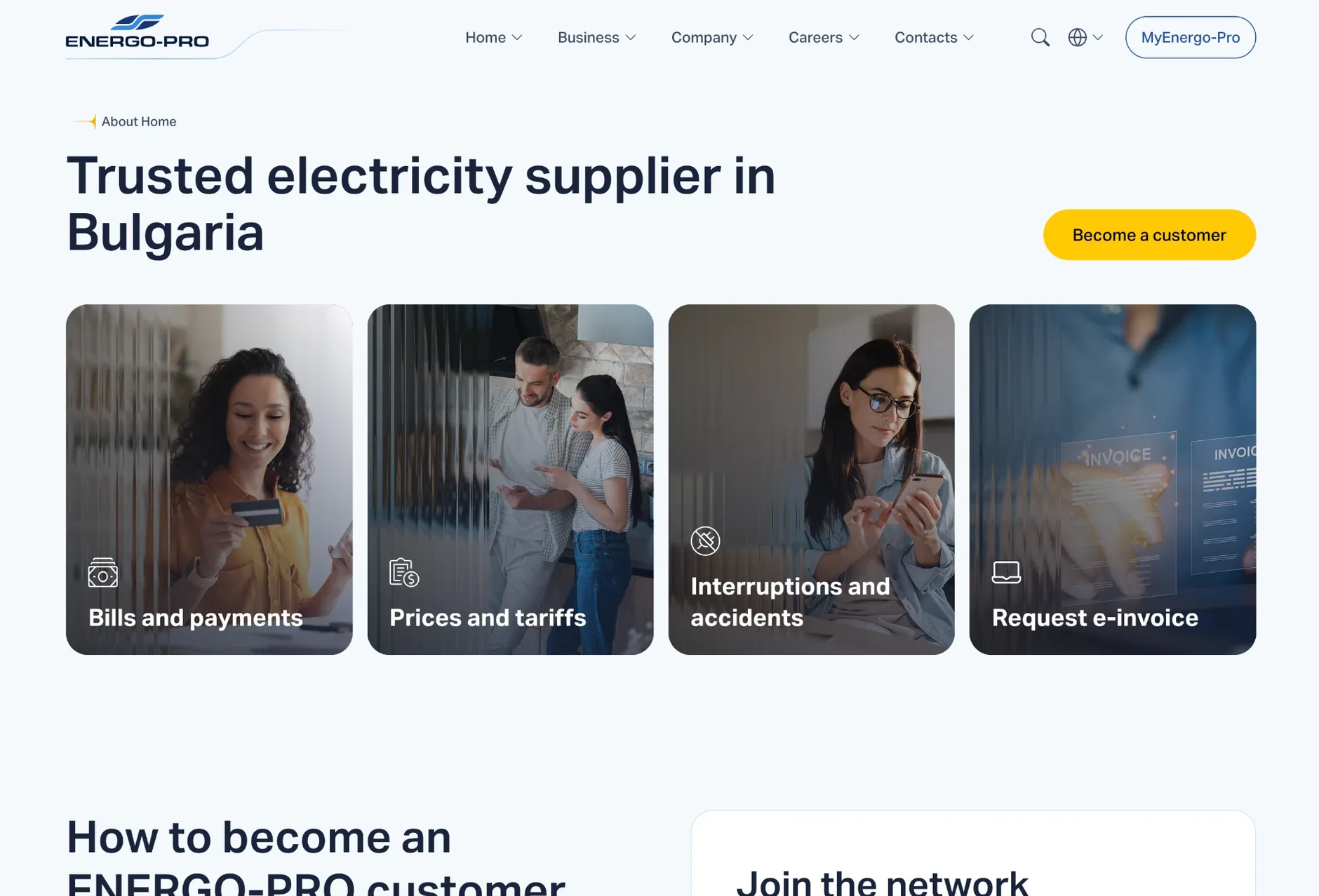The new Energo-Pro English homepage: Trusted electricity supplier in Bulgaria, with cards for bills and payments, prices and tariffs, interruptions and e-invoices