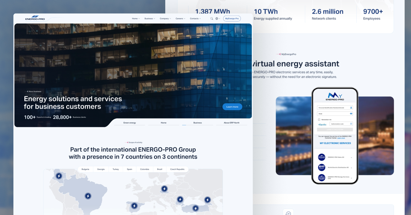 Energo-Pro on Webflow: the Energy solutions and services for business customers page on desktop, beside its mobile view for business customers