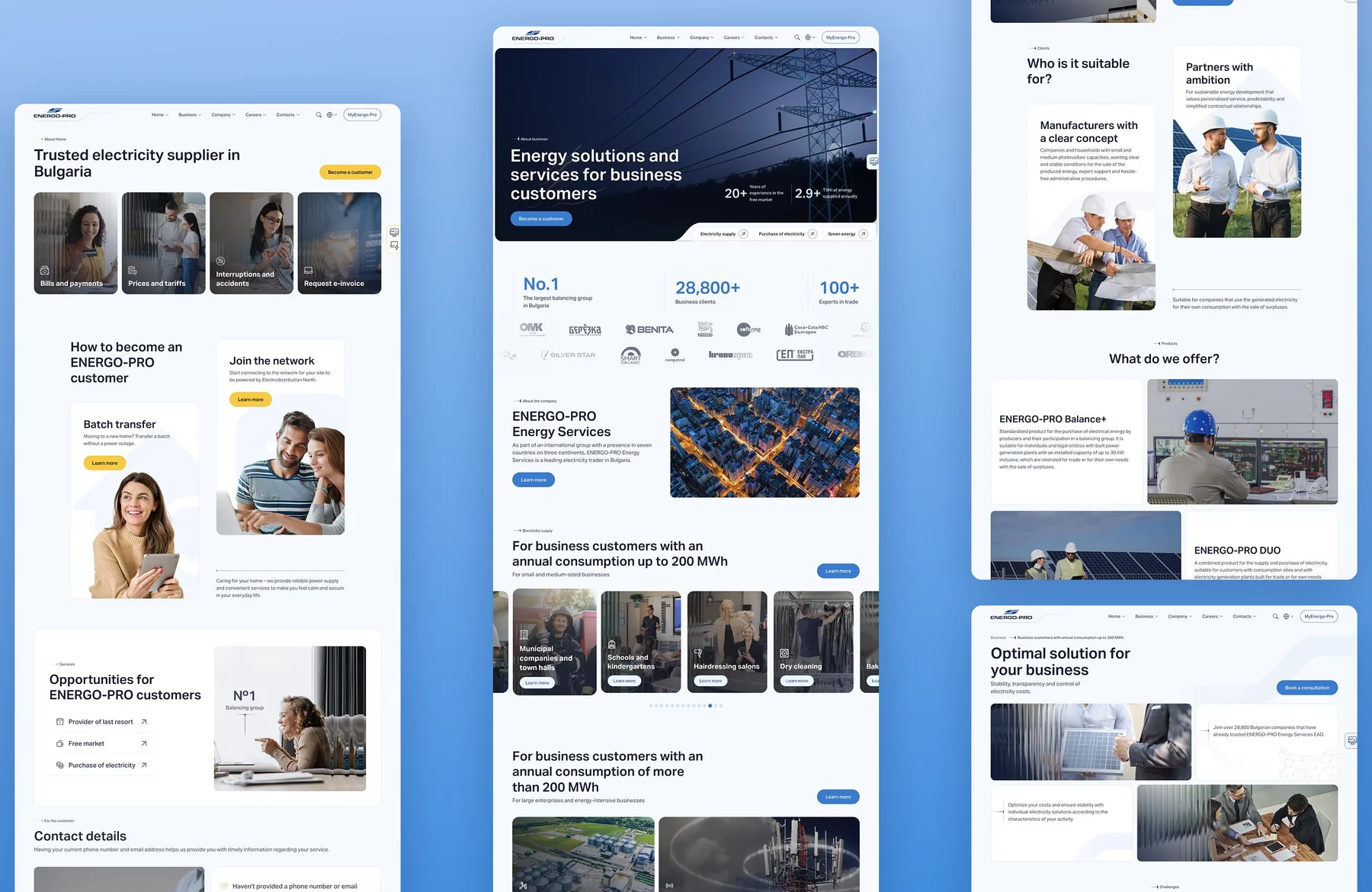 Energo-Pro page designs for residential and business customers: becoming a customer, energy services for business, and buying electricity from renewable producers
