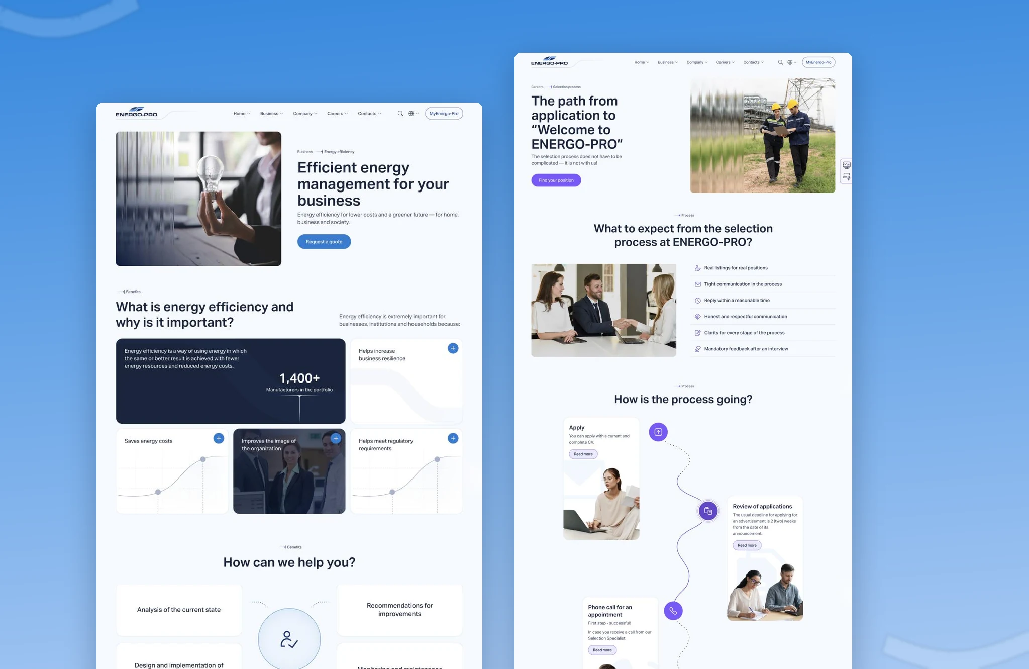 The Energo-Pro energy efficiency page for business, beside the careers selection process page that walks candidates from application to interview
