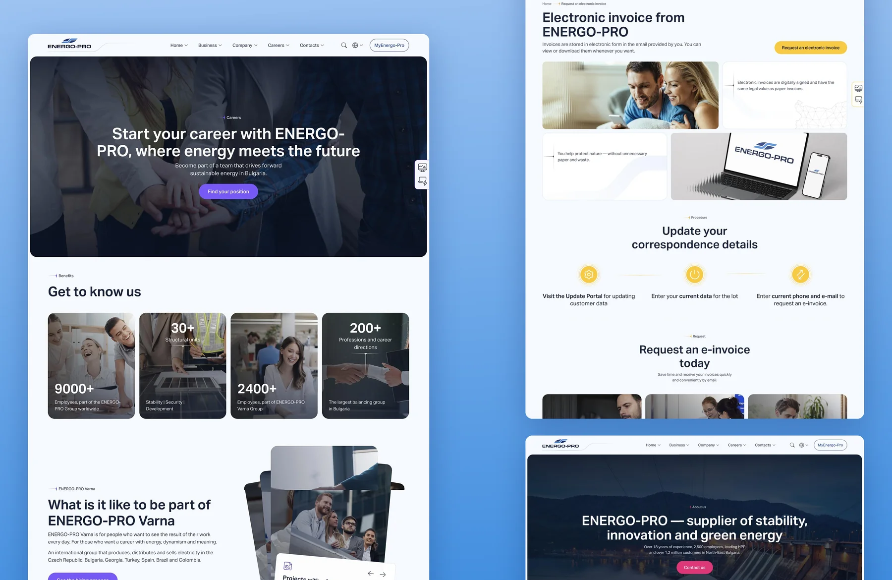 The Energo-Pro careers landing page, the electronic invoice page and the About us hero, all built from the same component system