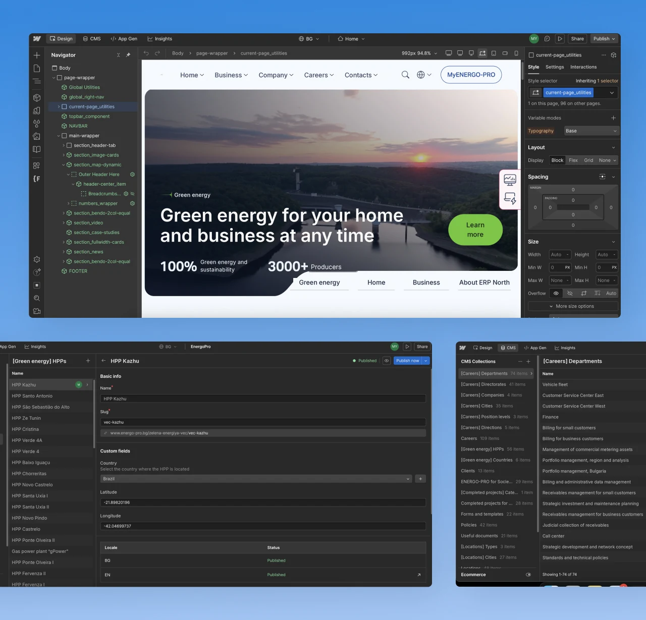 The Energo-Pro homepage in the Webflow Designer, above the CMS collections for hydropower plants and careers departments