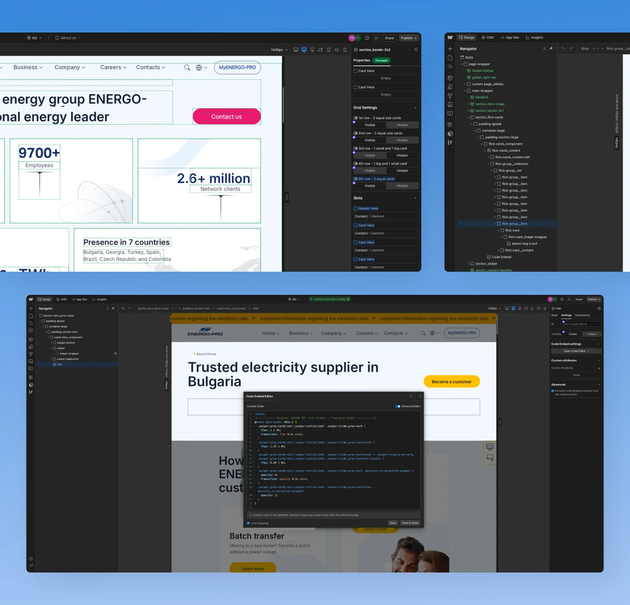 Energo-Pro pages in the Webflow Designer: a slot-based bento card component with its grid settings, and a custom code embed styling the card slider