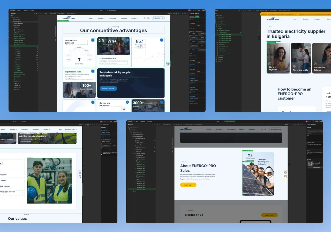 Four Energo-Pro pages open in the Webflow Designer, including the competitive advantages bento, the residential home page and About Energo-Pro Sales