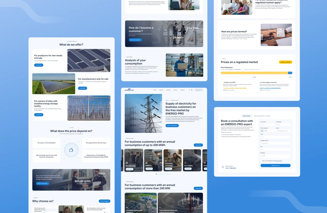 Energo-Pro page designs for producers, business customers and households: what we offer, free-market supply for business, regulated-market prices and a consultation form