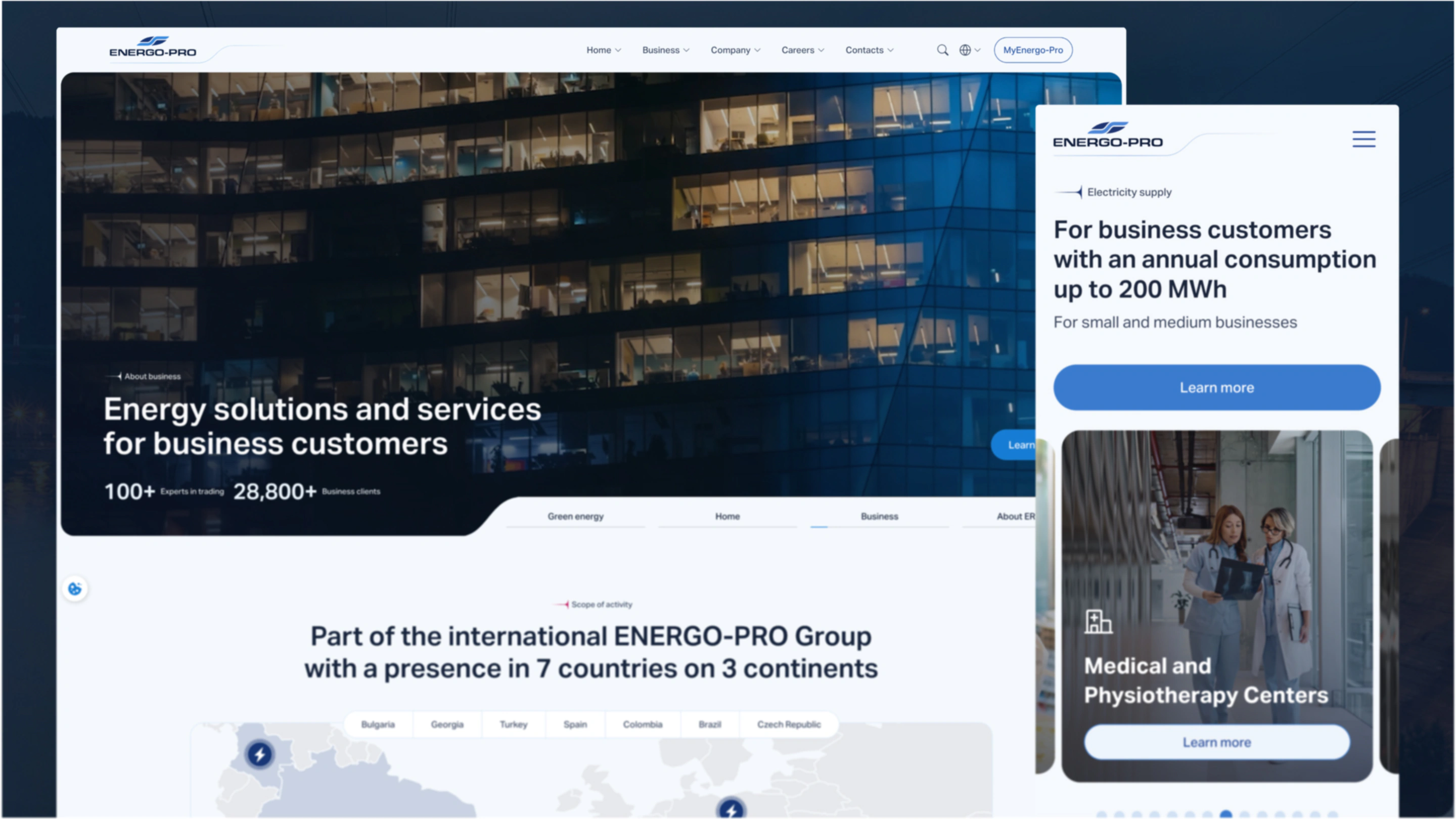 Energo-Pro on Webflow: the Energy solutions and services for business customers page on desktop, beside its mobile view for business customers
