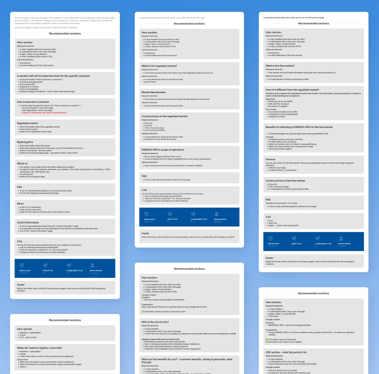 Content framework wireframes listing the recommended sections for each Energo-Pro page, from the hero and the regulated and free market blocks to FAQ, news and calls to action