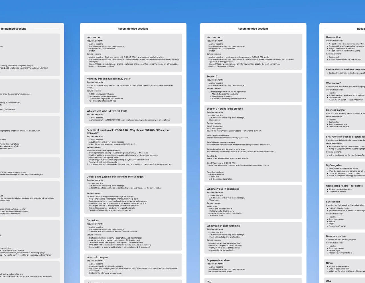 Content framework wireframes for the company and careers pages: key figures, who we are, the benefits of working at Energo-Pro, career paths, values and the internship program