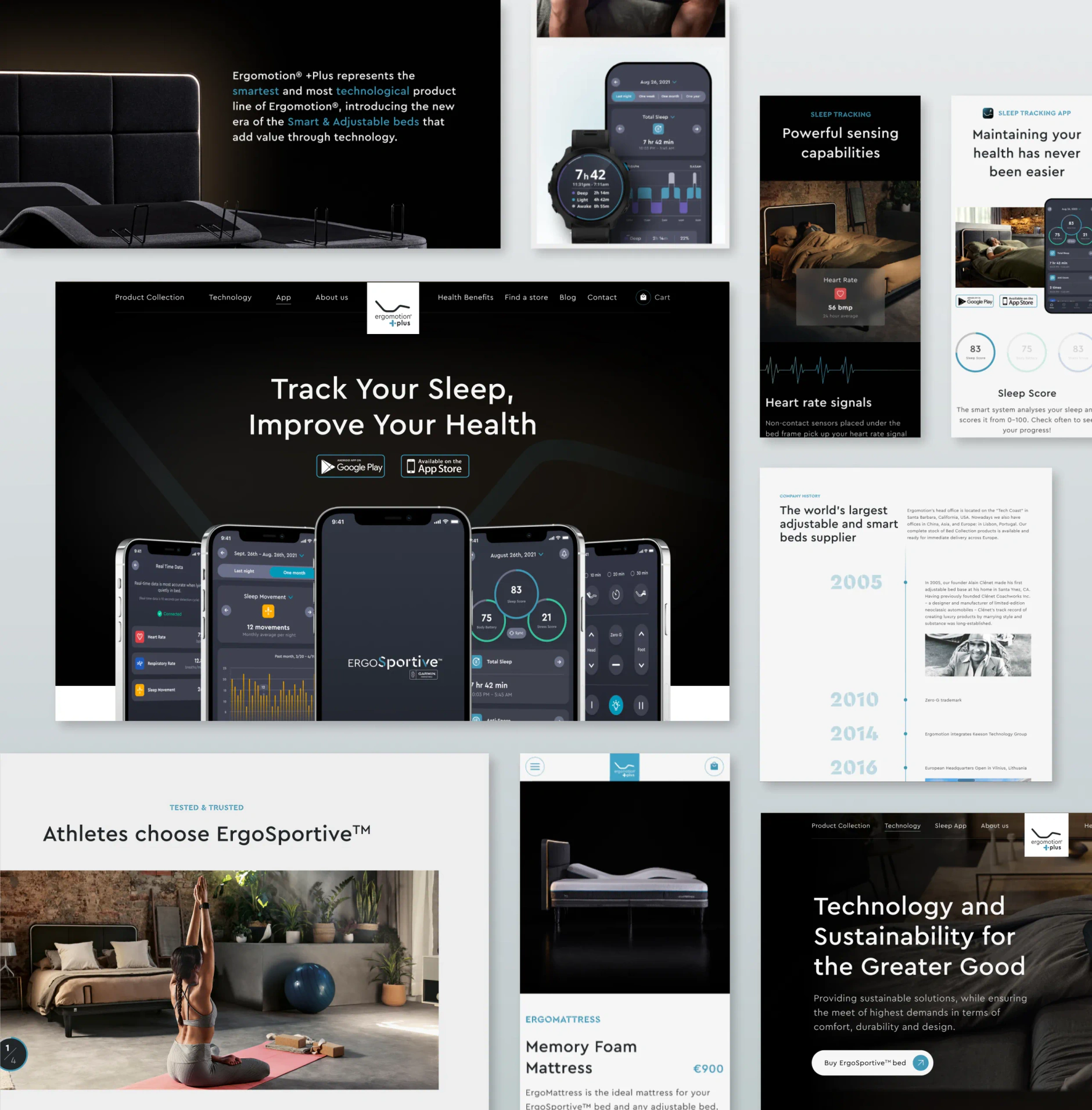 Collage of Ergomotion Plus page sections including the ErgoSportive app hero with phone mockups and a company history timeline