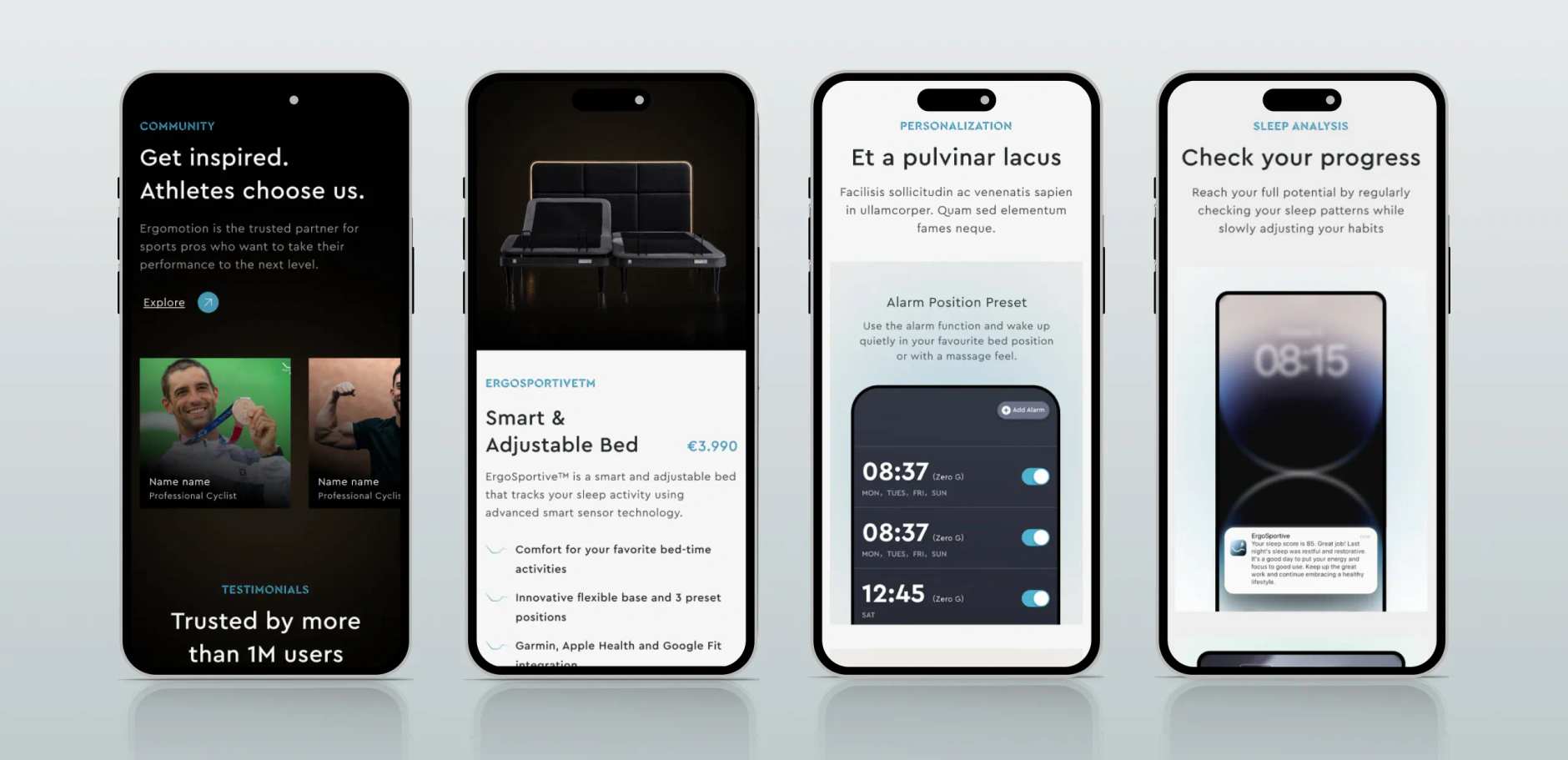 Four Ergomotion Plus mobile screens showing the athlete community, smart bed product page, alarm presets and sleep progress