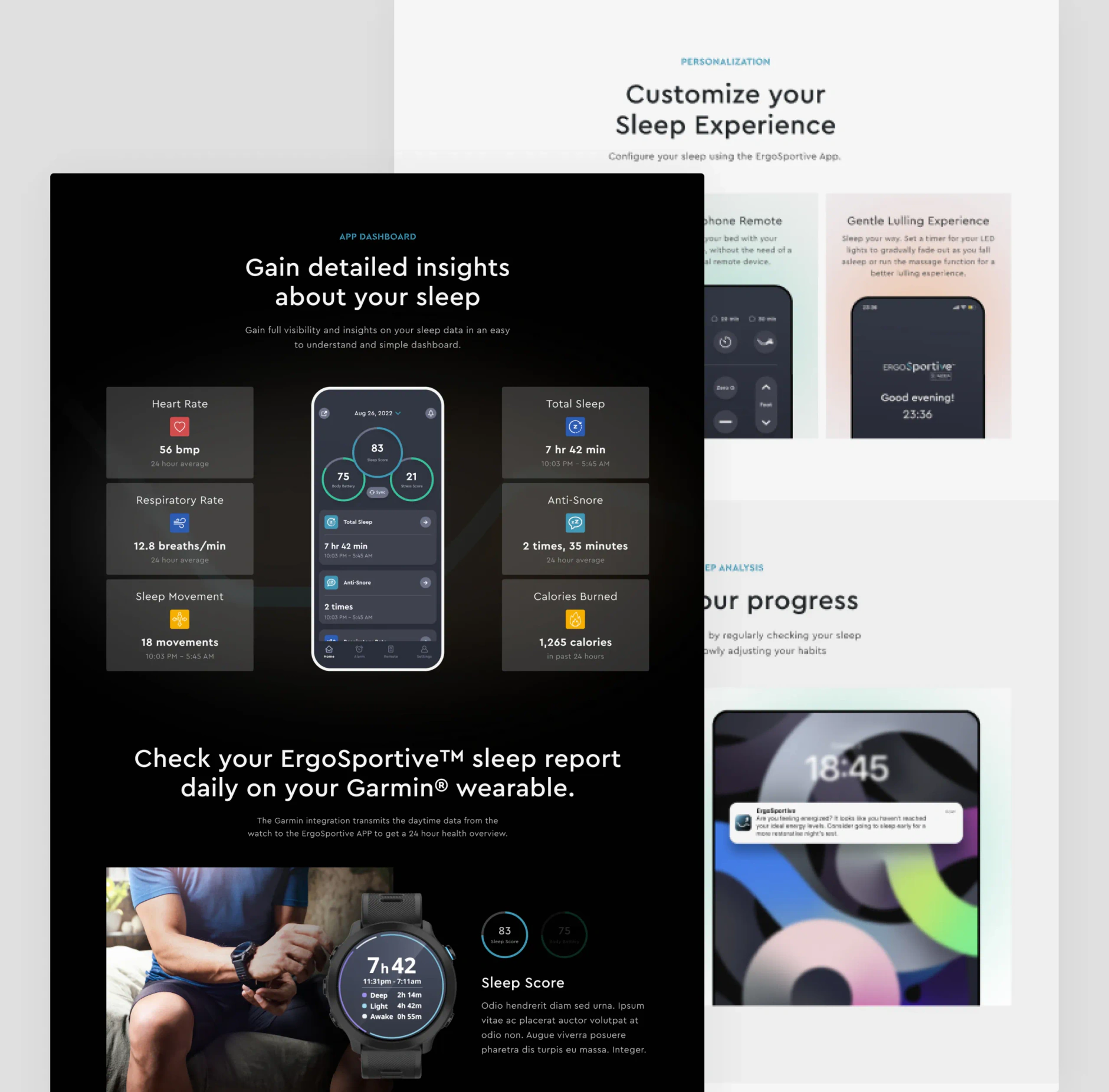 Ergomotion Plus app dashboard section with sleep metric tiles and a Garmin wearable panel, over lighter personalisation screens