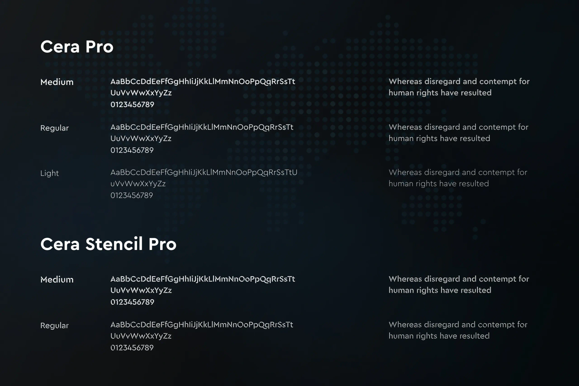 Ergomotion typography sheet on a dark dotted world map, setting out Cera Pro and Cera Stencil Pro weights
