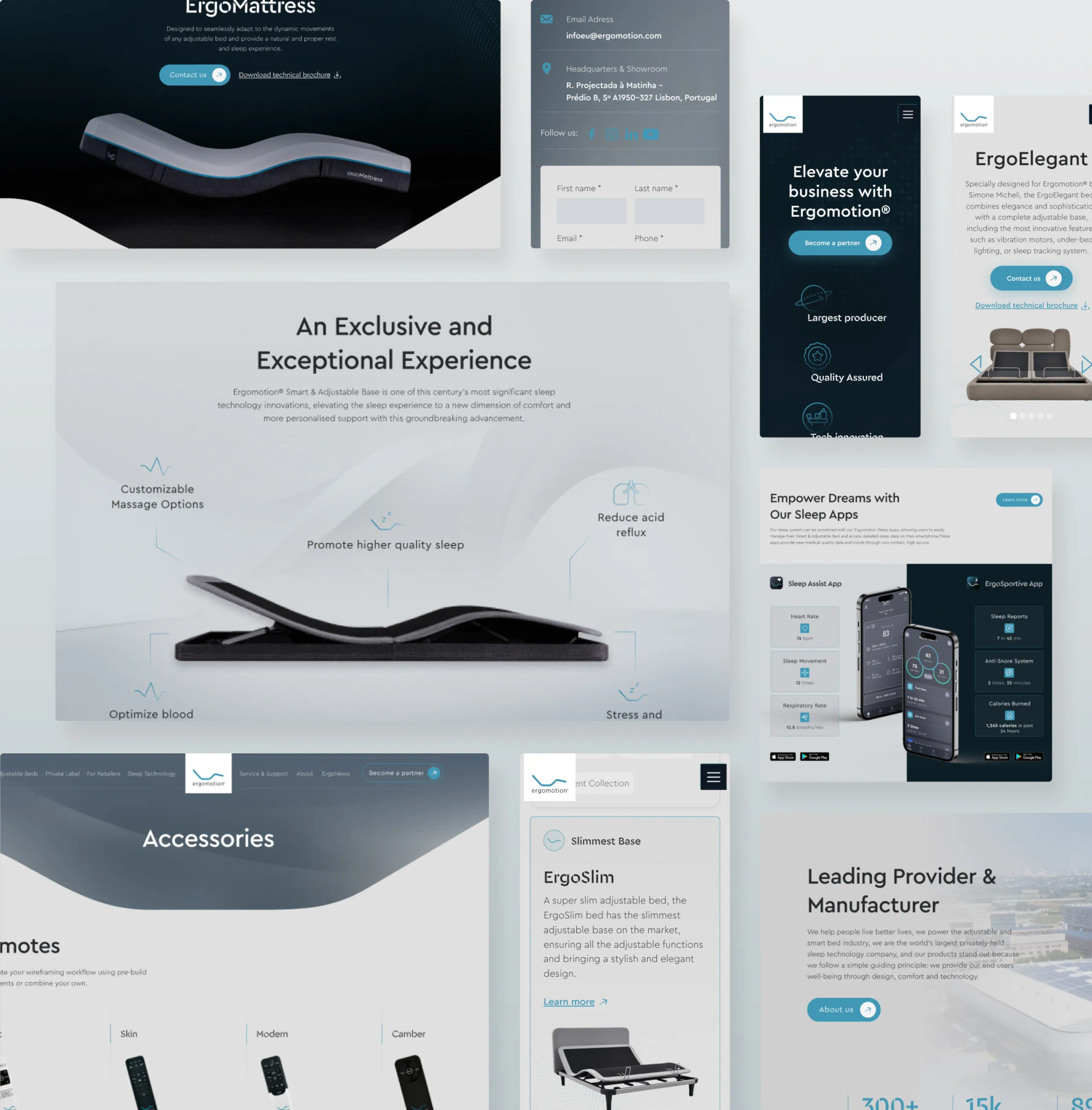Ergomotion page designs covering the ErgoMattress hero, contact form, accessories grid and sleep app screens