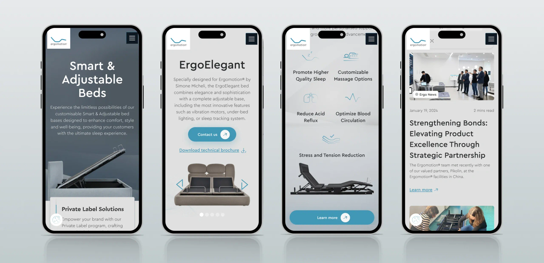 Four Ergomotion mobile screens showing Smart and Adjustable Beds, ErgoElegant, sleep benefits and a news post