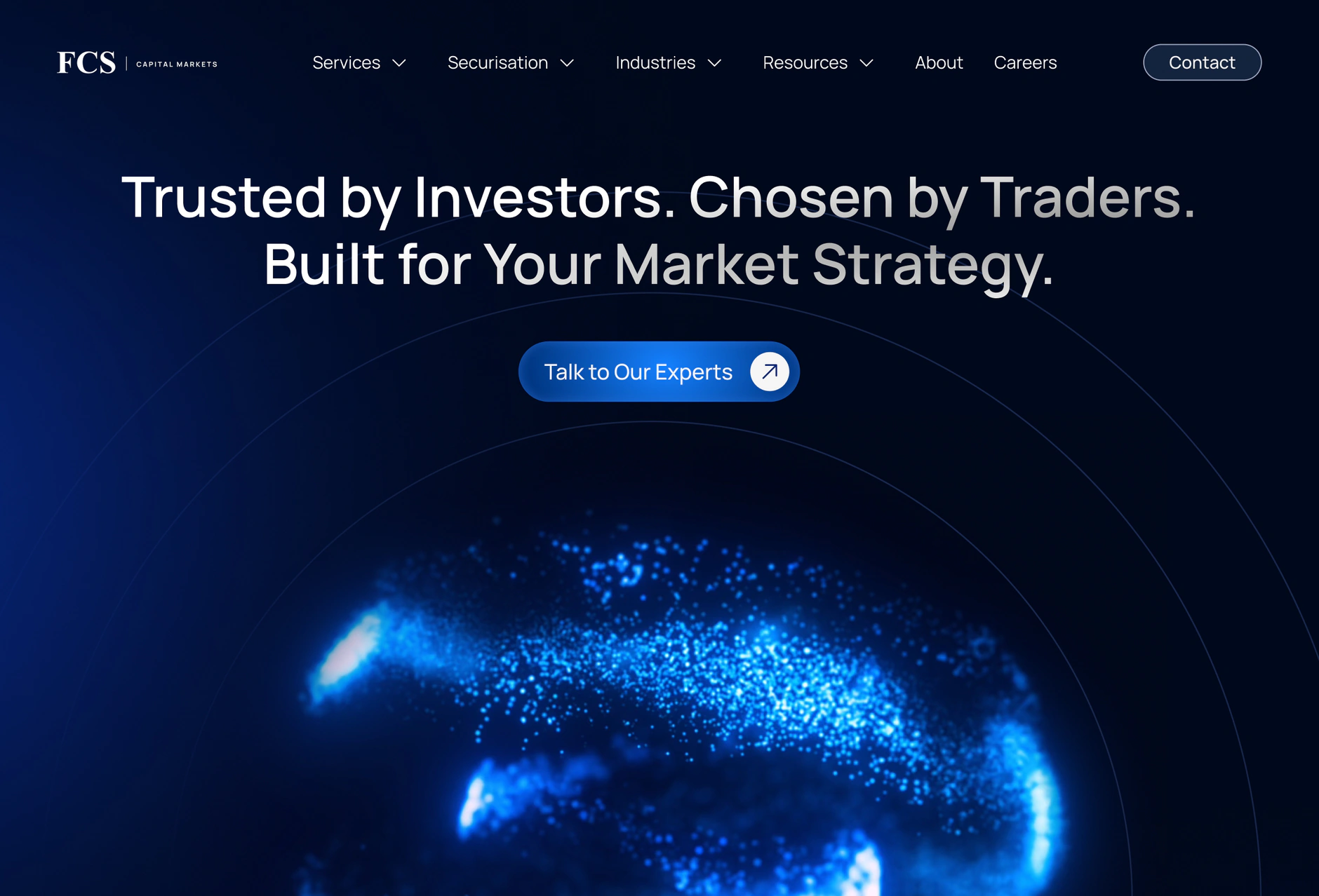 The new FCS Capital Markets homepage on Webflow: Trusted by Investors. Chosen by Traders. Built for Your Market Strategy, above the animated globe
