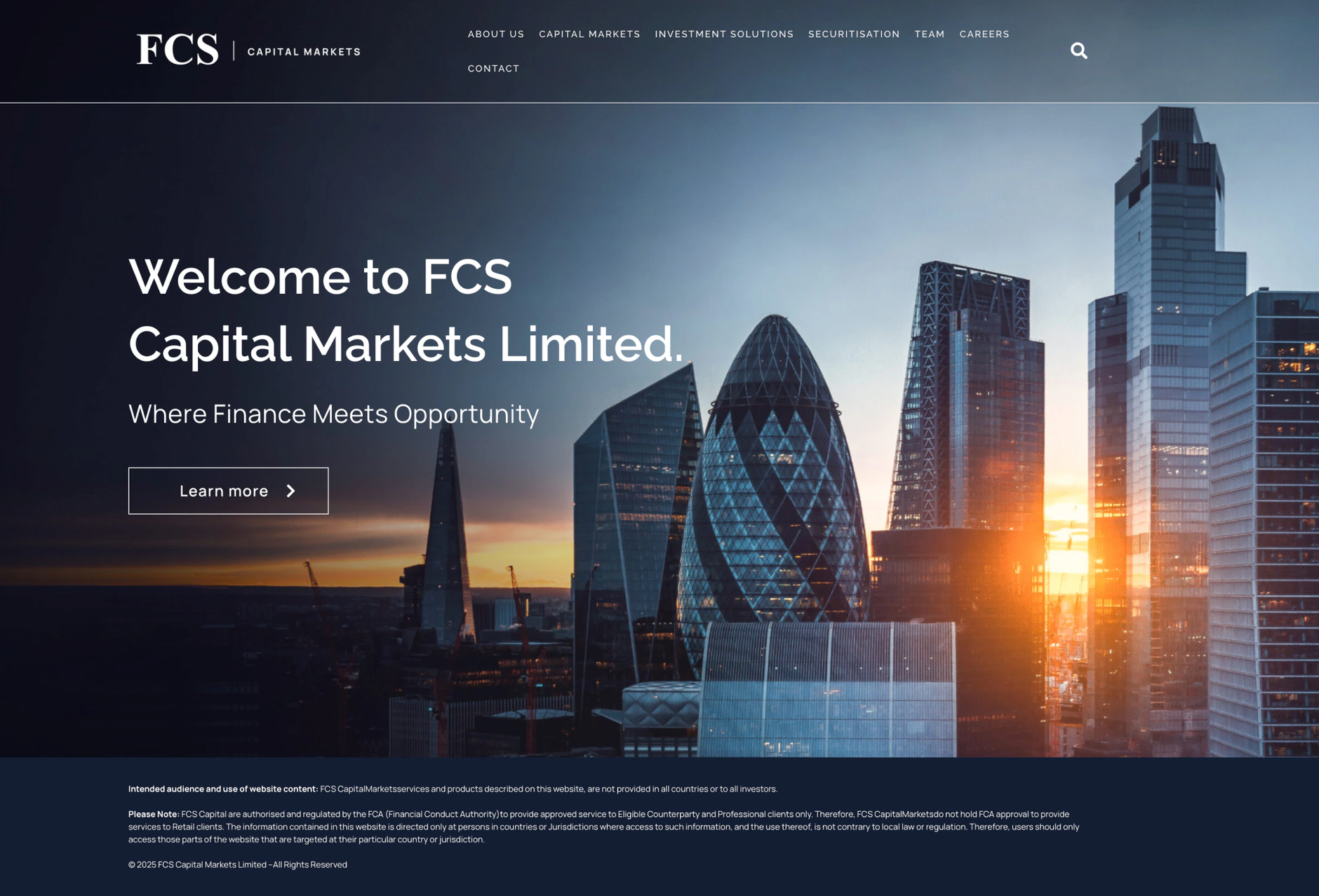 The old FCS Capital Markets homepage on WordPress: a City of London skyline photo with Welcome to FCS Capital Markets Limited, Where Finance Meets Opportunity