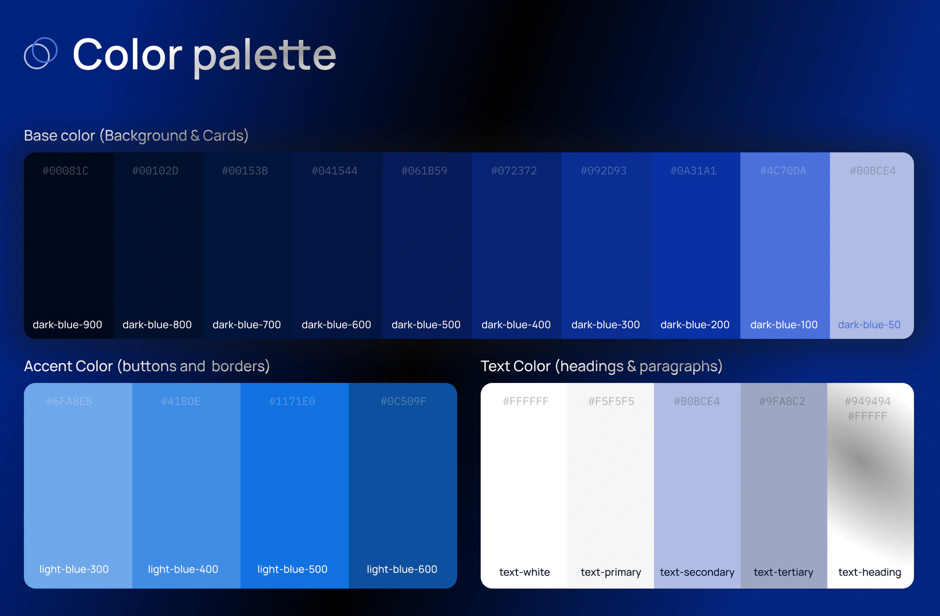 FCS colour palette: dark-blue base colours for backgrounds and cards, light-blue accents for buttons and borders, and the text colours