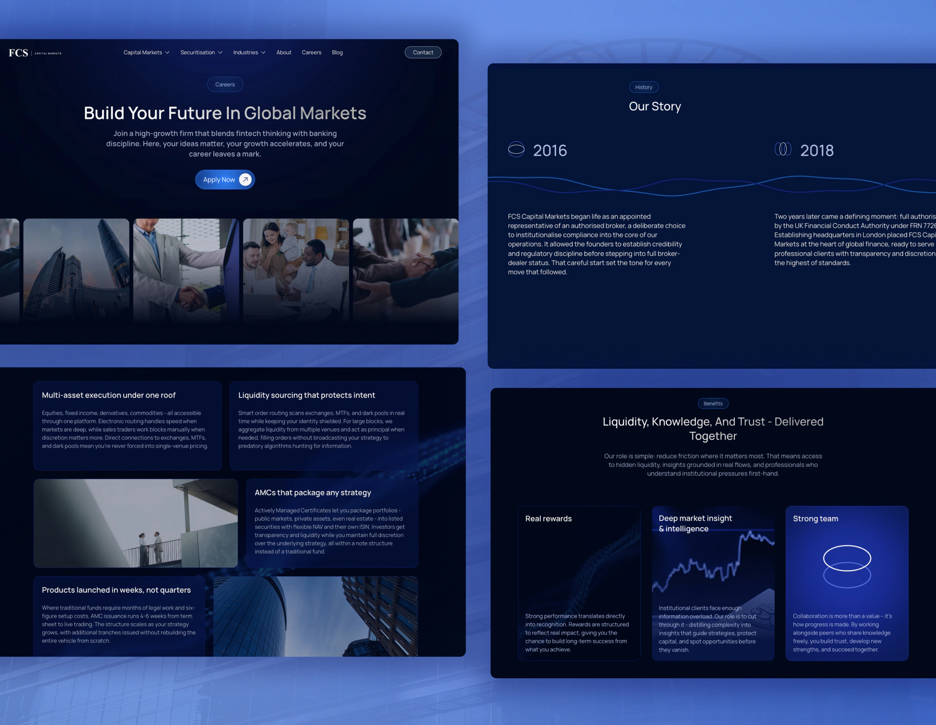 FCS Careers and About page designs: Build Your Future In Global Markets, the Our Story timeline from 2016, and Liquidity, Knowledge, And Trust, Delivered Together