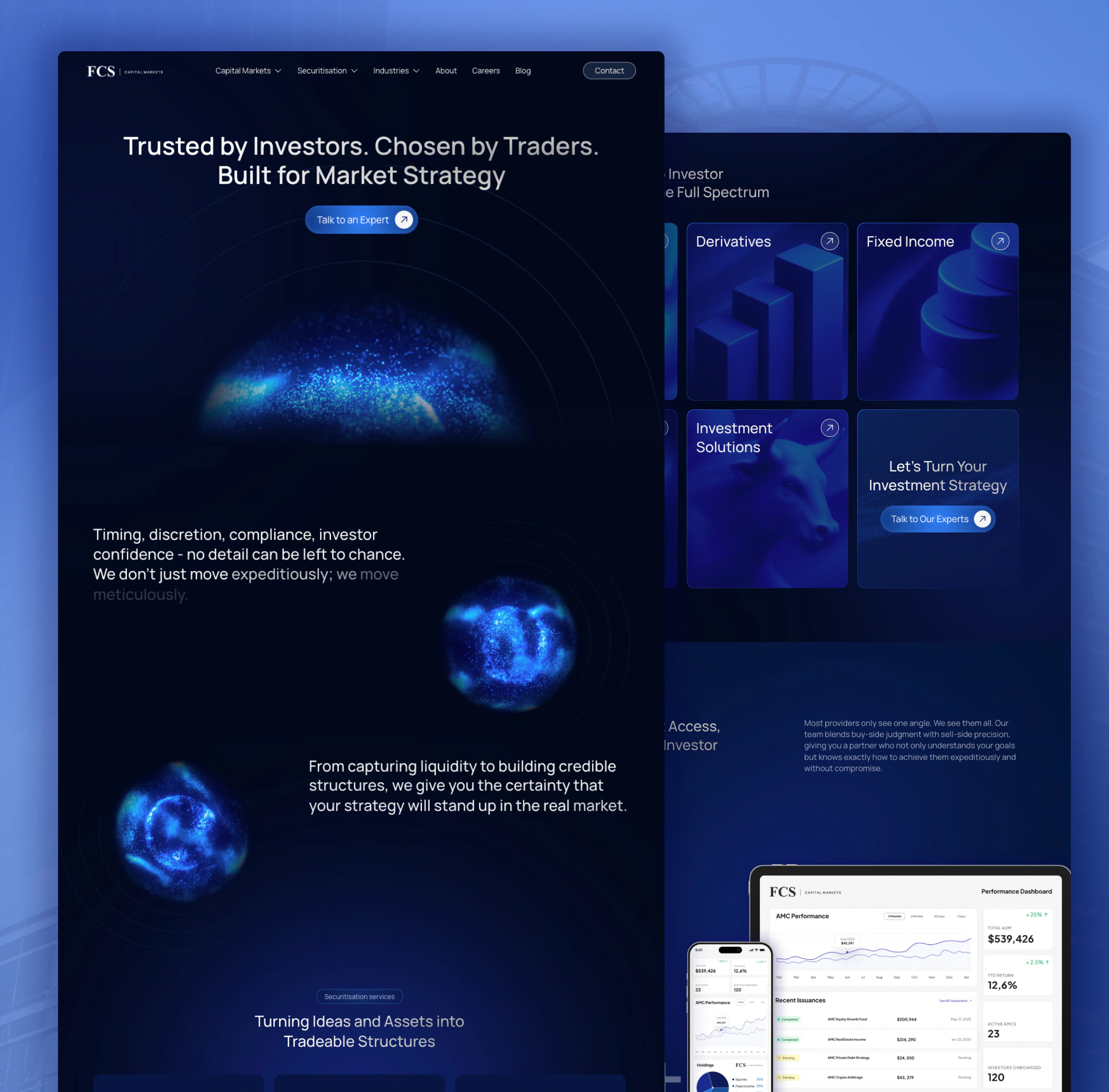 FCS homepage design: Trusted by Investors. Chosen by Traders., the animated globe, the Capital Markets service cards and a phone view