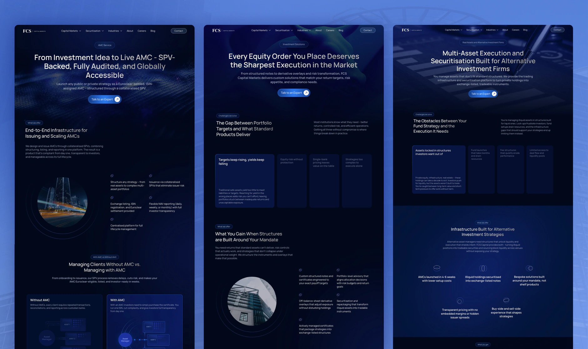 Three FCS page designs: the AMC page, From Investment Idea to Live AMC; the Investment Solutions page; and the industry page for alternative investment firms