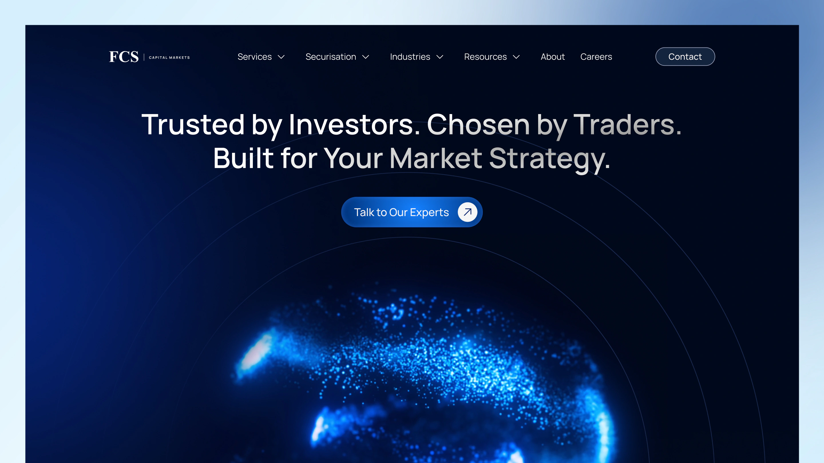 FCS Capital Markets homepage on Webflow: Trusted by Investors. Chosen by Traders. Built for Your Market Strategy, above an animated particle globe on a dark navy background