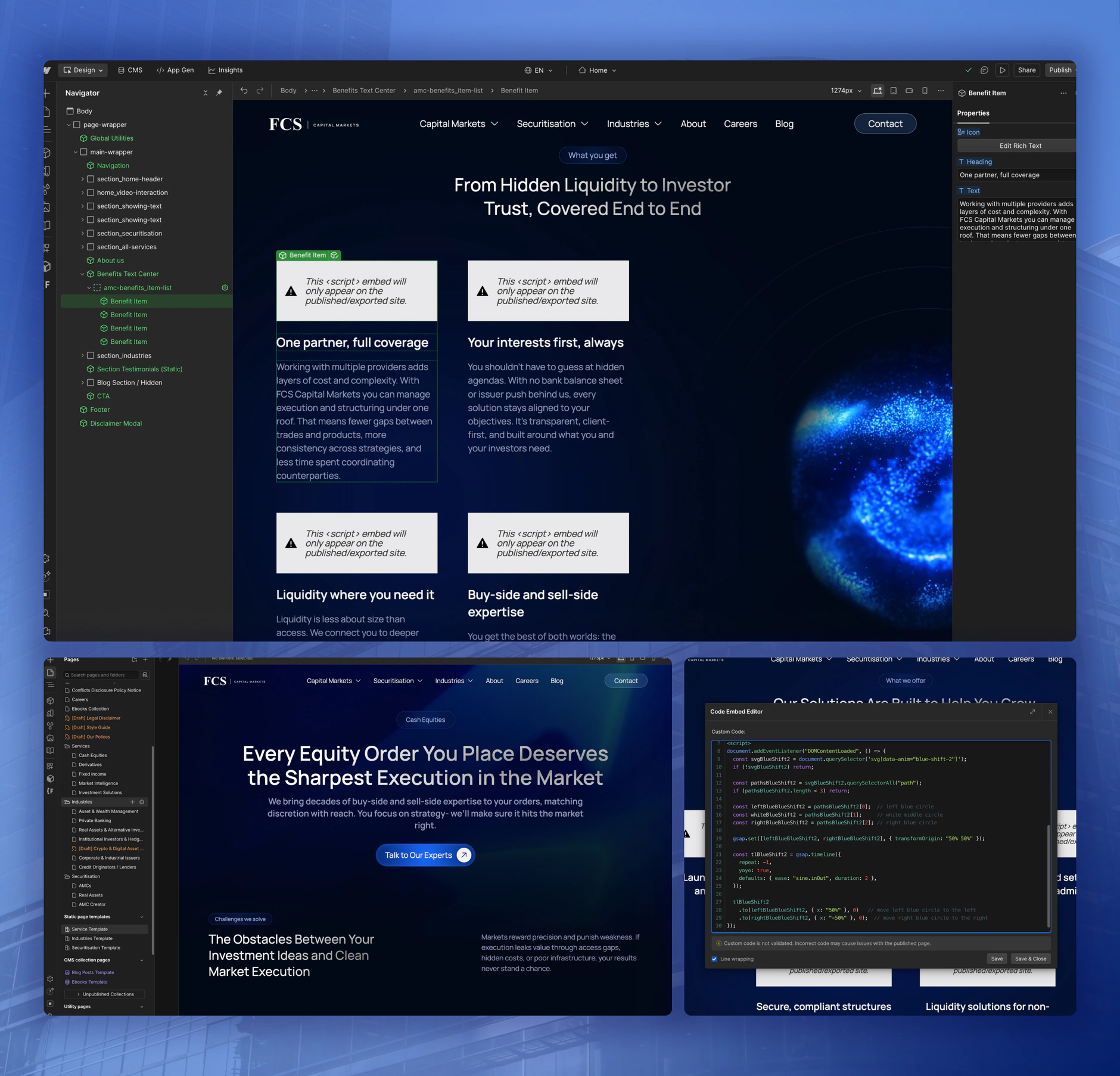 The FCS build in the Webflow Designer: the securitisation landing page on canvas, the page tree, and custom code in the Code Embed editor