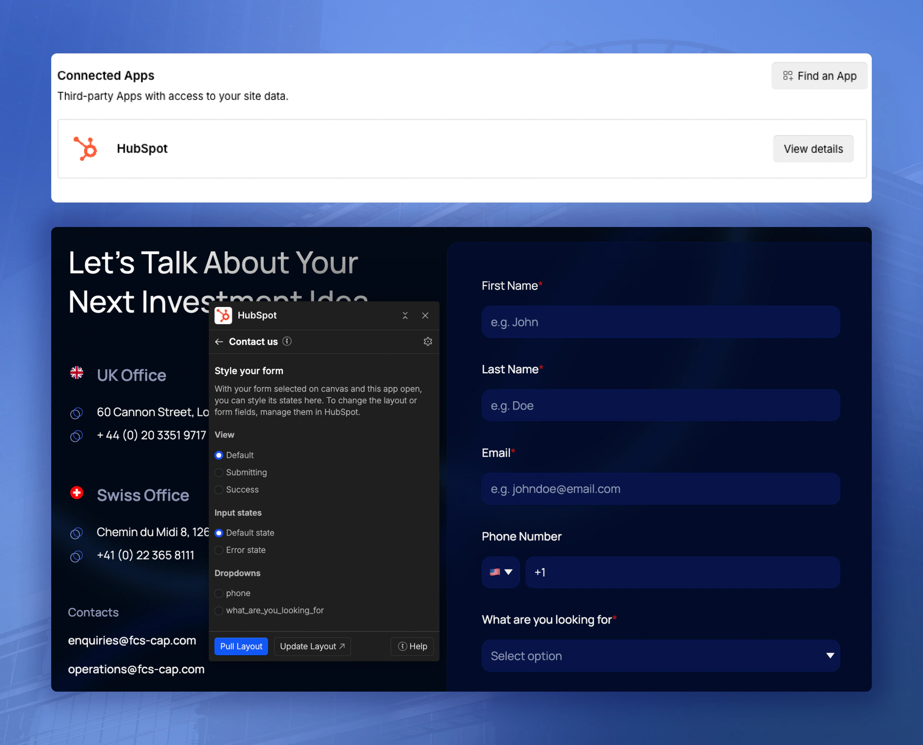 HubSpot in Webflow's Connected Apps, beside the FCS contact form, Let's Talk About Your Next Investment Idea, with the UK and Swiss office details