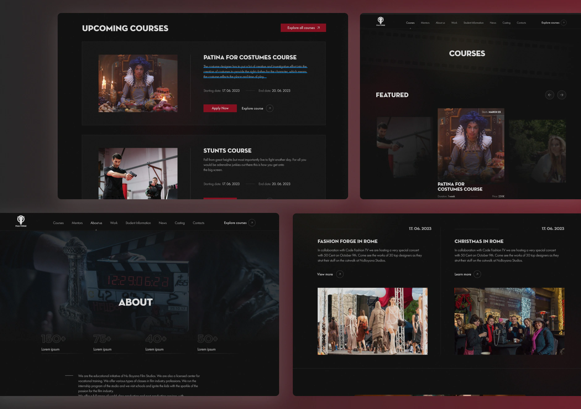 FilmForge page designs for upcoming courses, a featured course carousel, the about page and dated news items
