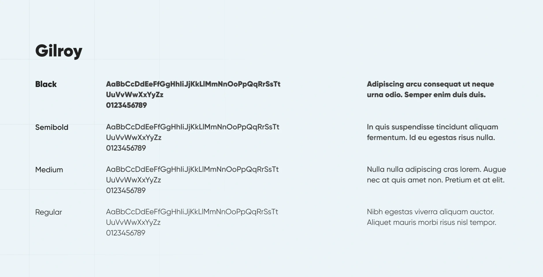 Fintrade typography sheet for the Gilroy typeface in Black, Semibold, Medium and Regular weights with sample paragraphs