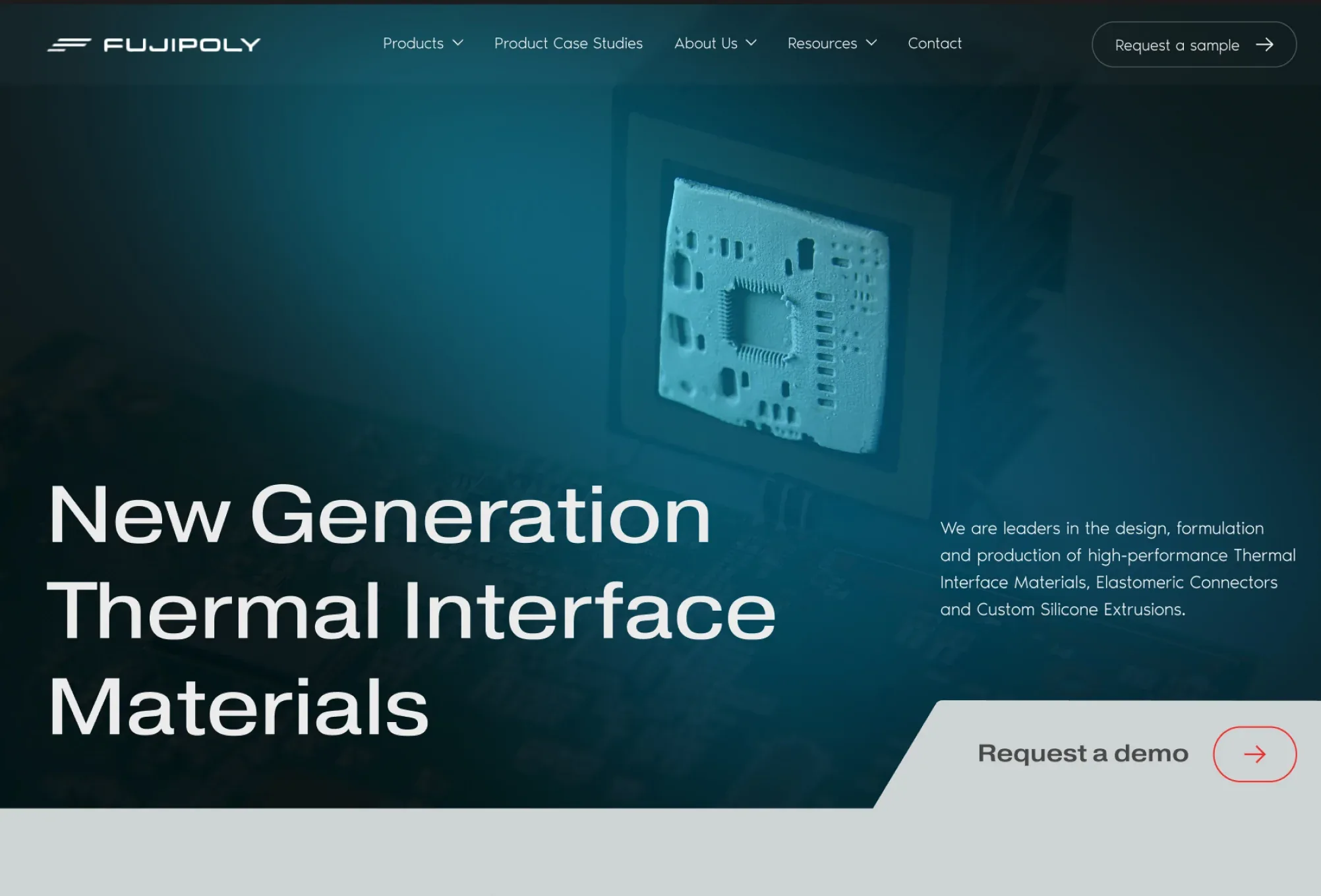The new Fujipoly Europe homepage: New Generation Thermal Interface Materials, over a close-up of a circuit board