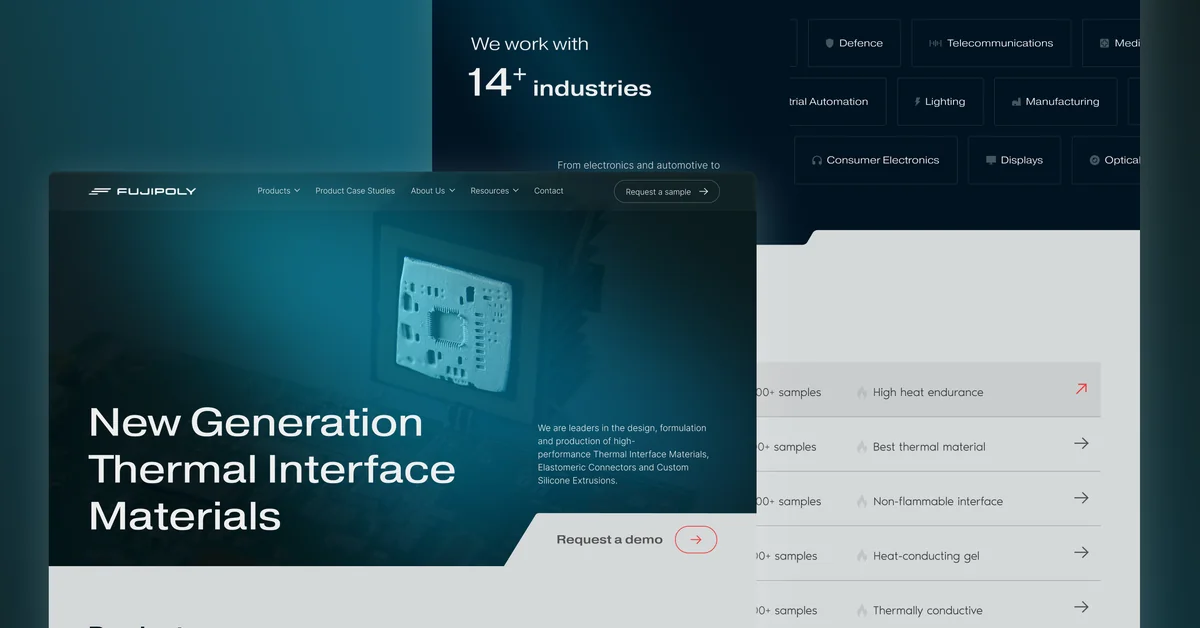 Fujipoly homepage design: the New Generation Thermal Interface Materials hero over the 14+ industries section and product sample list