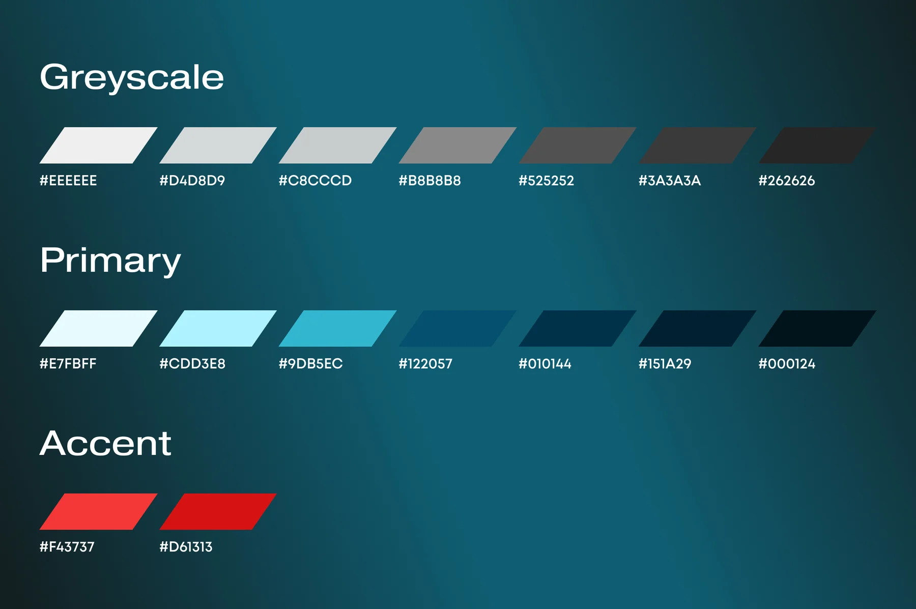 The Fujipoly colour palette: a greyscale ramp, a primary scale from pale cyan to deep navy, and two red accents, each labelled with its hex code