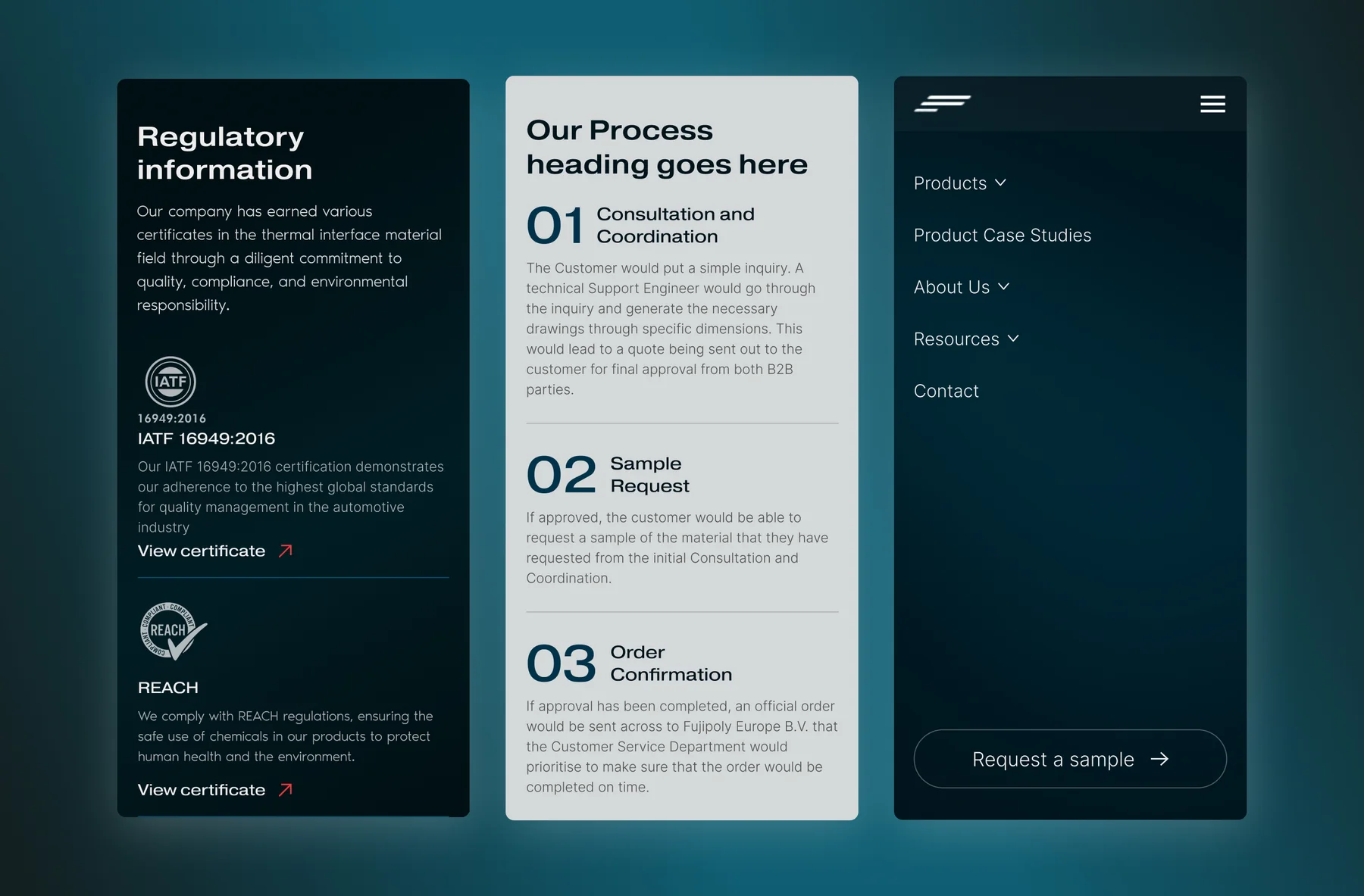 Fujipoly mobile designs: the regulatory information section with IATF and REACH certificates, the three-step ordering process and the mobile navigation menu