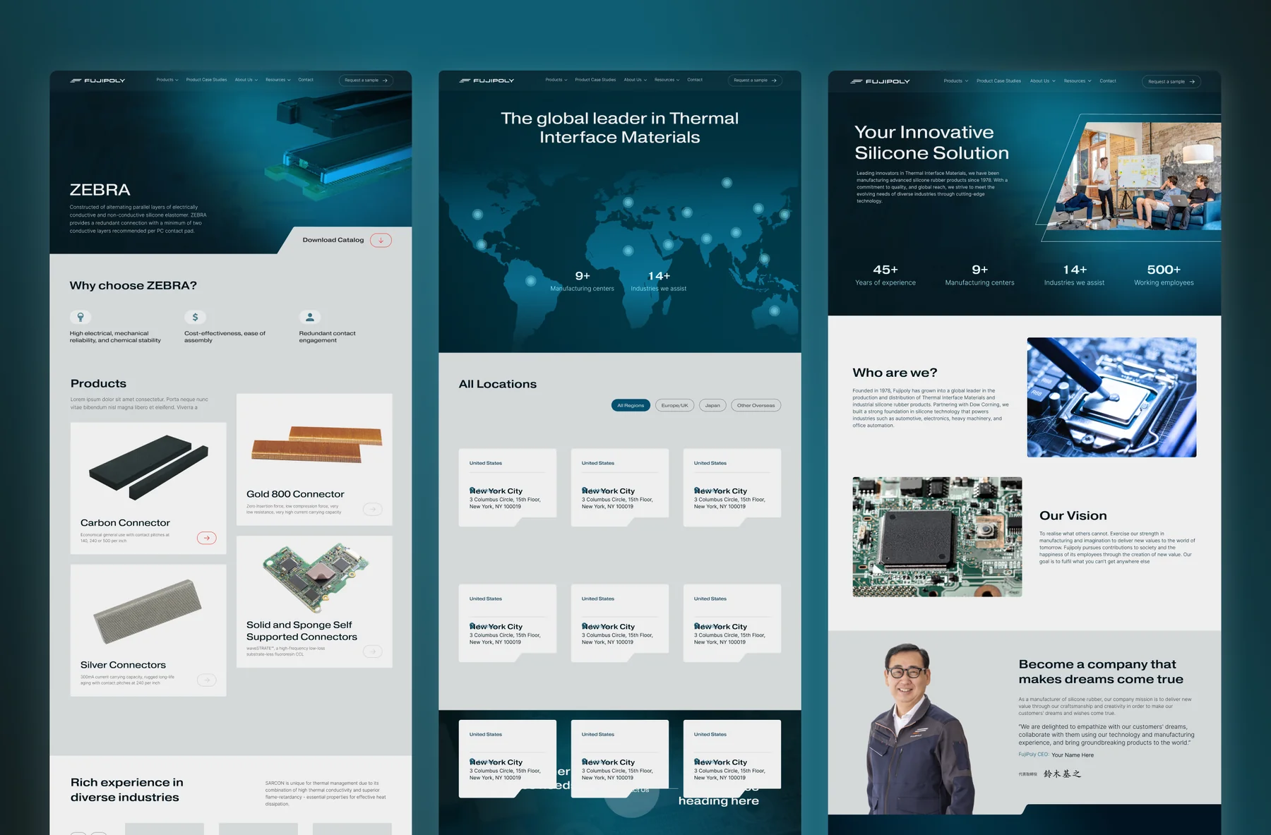 Fujipoly inner page designs: the ZEBRA connectors product page, the global locations page with a world map, and the About page with company stats