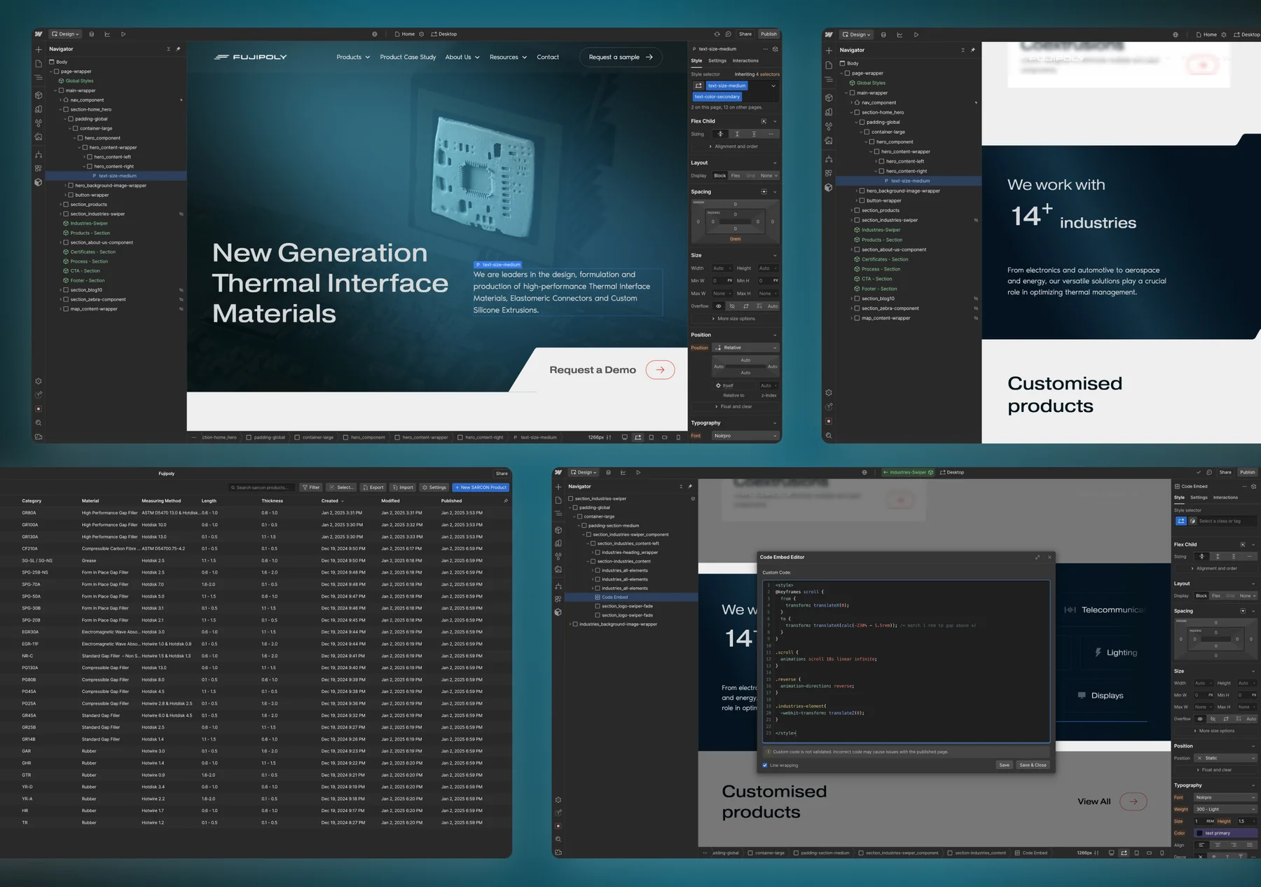 The Fujipoly build in the Webflow Designer: the homepage hero with the Navigator open, the industries section, a custom code embed and the Sarcon product CMS table