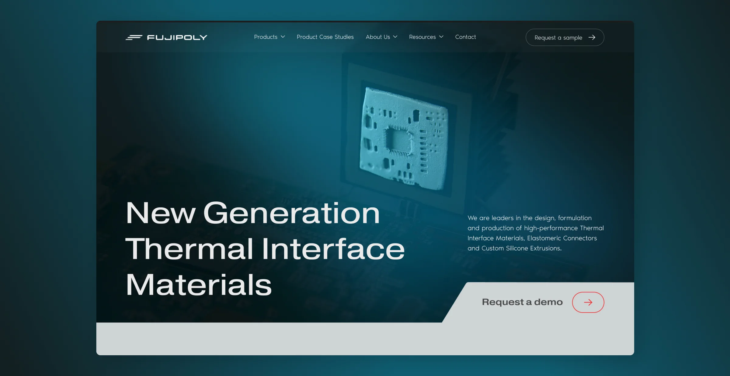 The Fujipoly Europe homepage hero, New Generation Thermal Interface Materials, over a close-up of a thermal pad on a chip, with the product navigation above