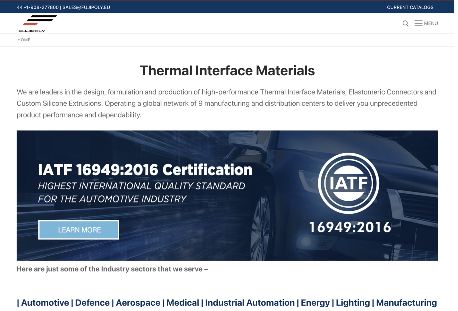 The previous Fujipoly Europe website: a plain white Thermal Interface Materials page with an IATF certification banner and a pipe-separated list of industries