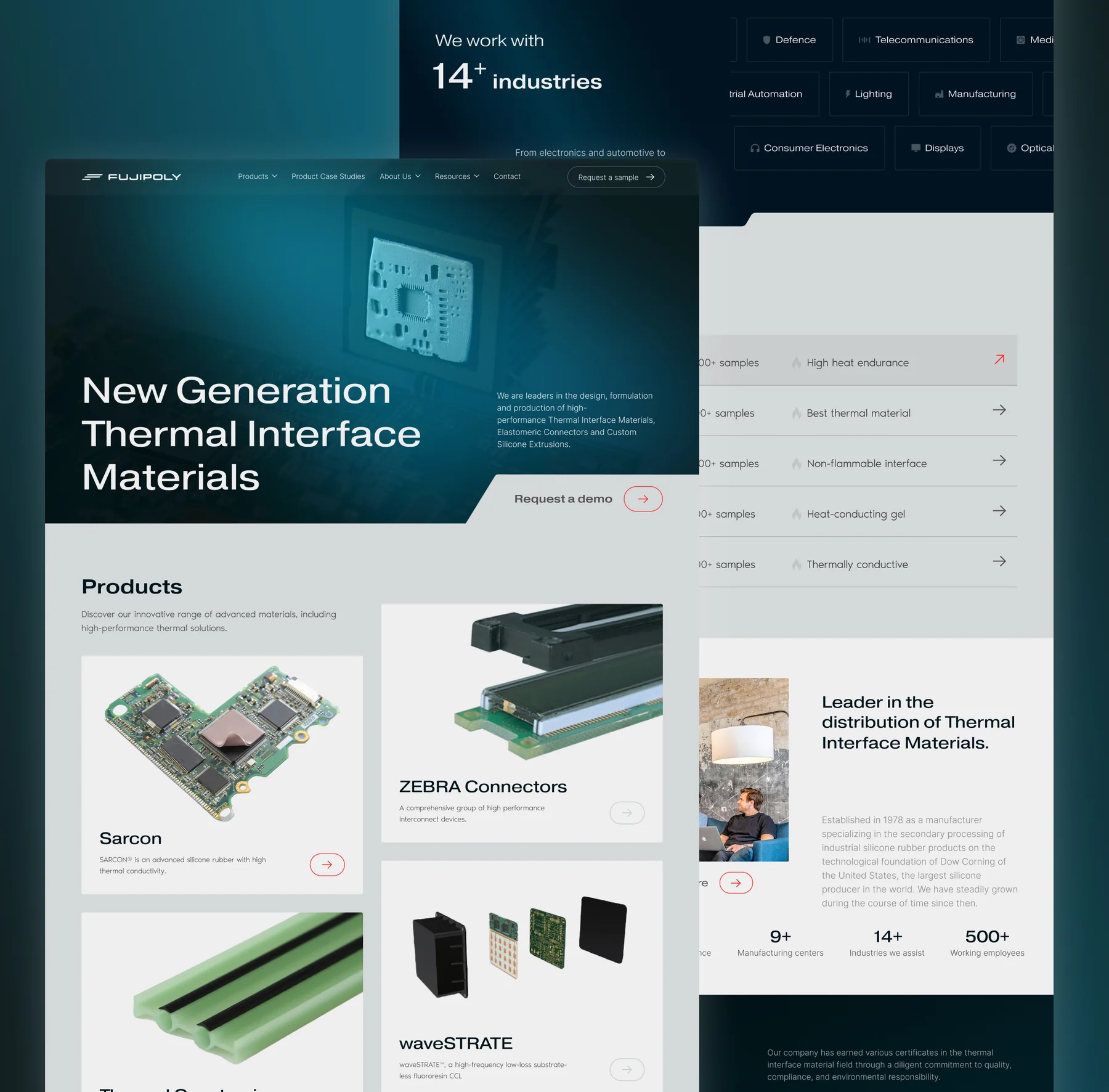The new Fujipoly homepage design: the thermal materials hero, product cards for Sarcon, ZEBRA Connectors and waveSTRATE, and a 14+ industries section