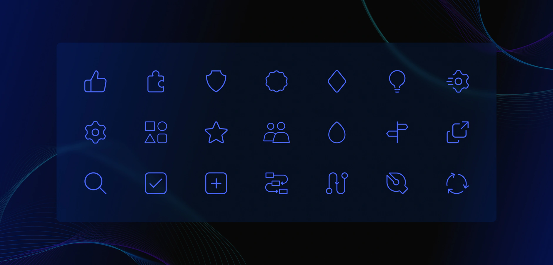 Gauss custom icon set of twenty-one blue line icons on a dark panel, covering people, tools, search and settings