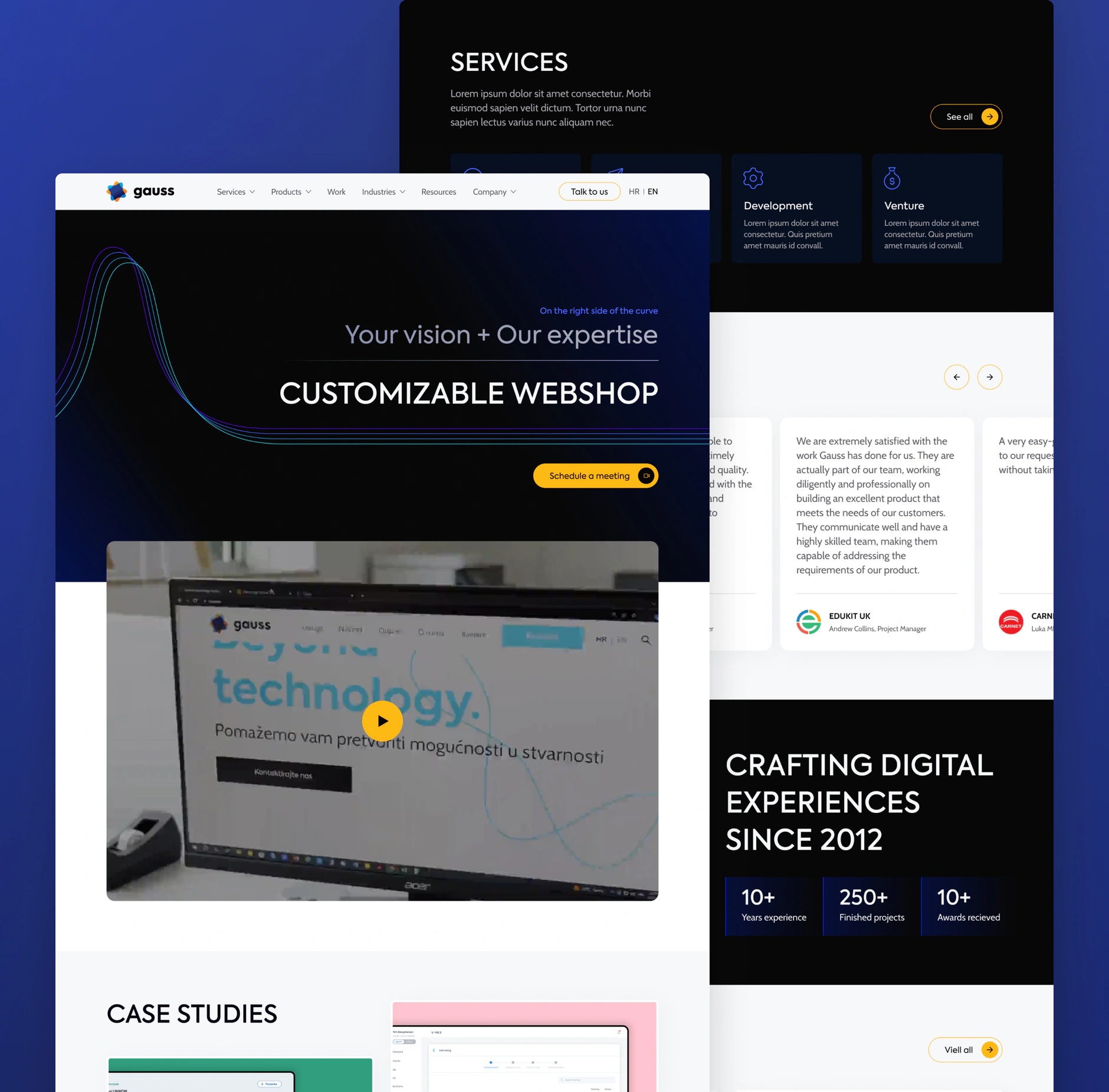 Gauss homepage UI design with the customizable webshop hero, embedded video, services cards and client testimonials